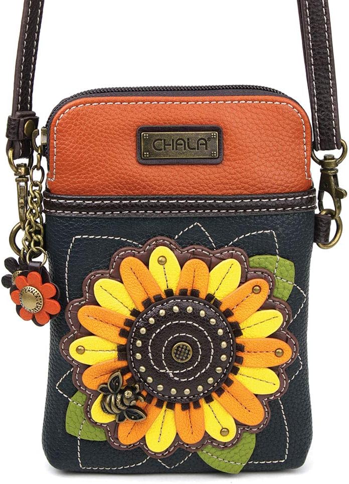 CHALA Plant Life Collection Cell Phone Crossbody Purse-Women PU Leather/Canvas Multicolor Handbag with Adjustable Strap - Sunflower - navy - Image 2