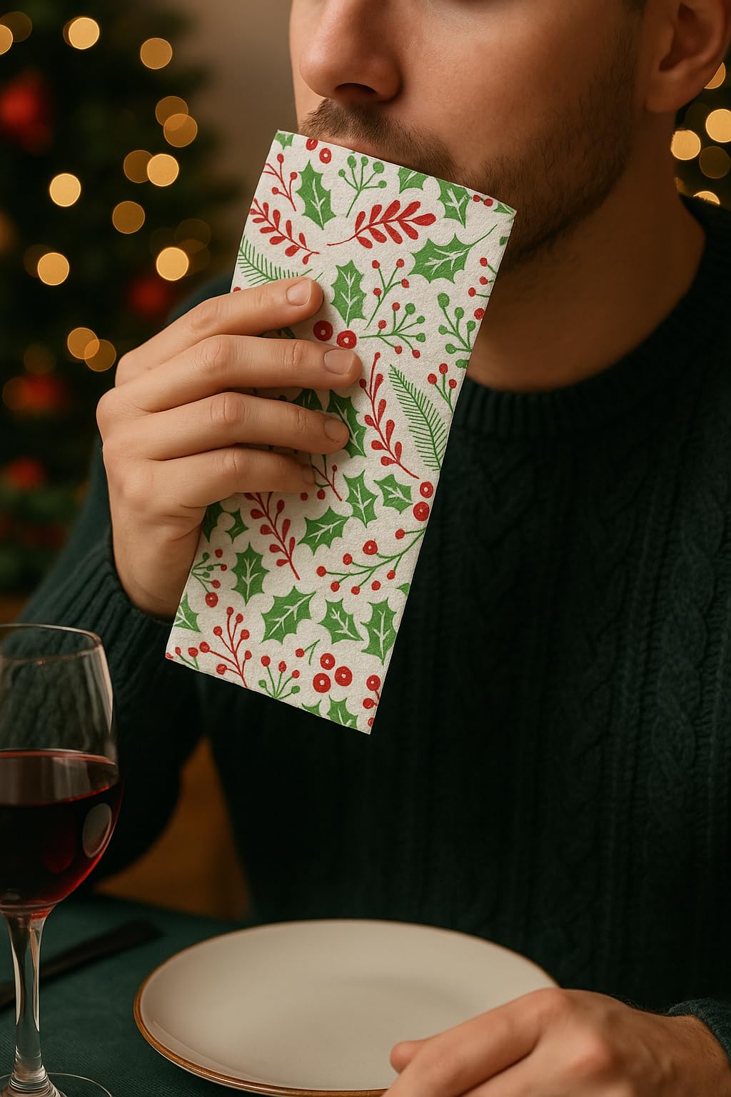 Canguro Manteles y Servilletas Navideñas con Muérdago, Individual 30x40 cm y 40x40 cm, Efecto Tela Tissue-Seco, Blanco con Verde y Rojo, Pack Elegante Desechable (240 servilletas)