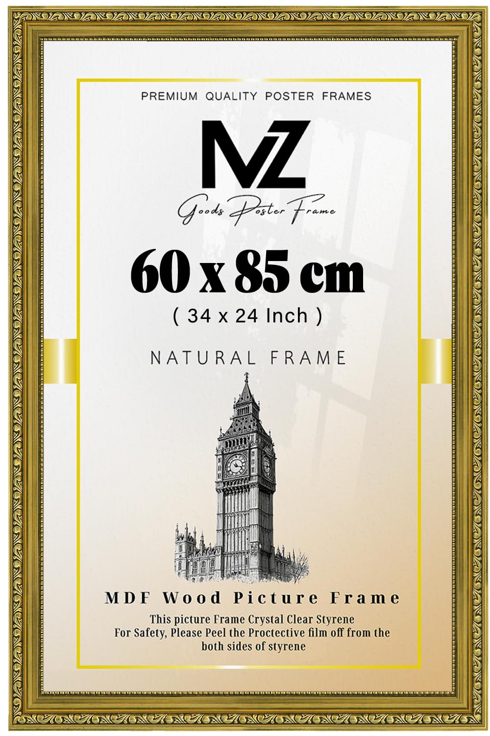 MZ GOODS - Elegant Rectangle Poster/Picture (60 x 85 CM) a Solid Polcore Finish | Hanging Hooks Both Portrait/Landscape Display 34 x 24 Inch [ Gold ]