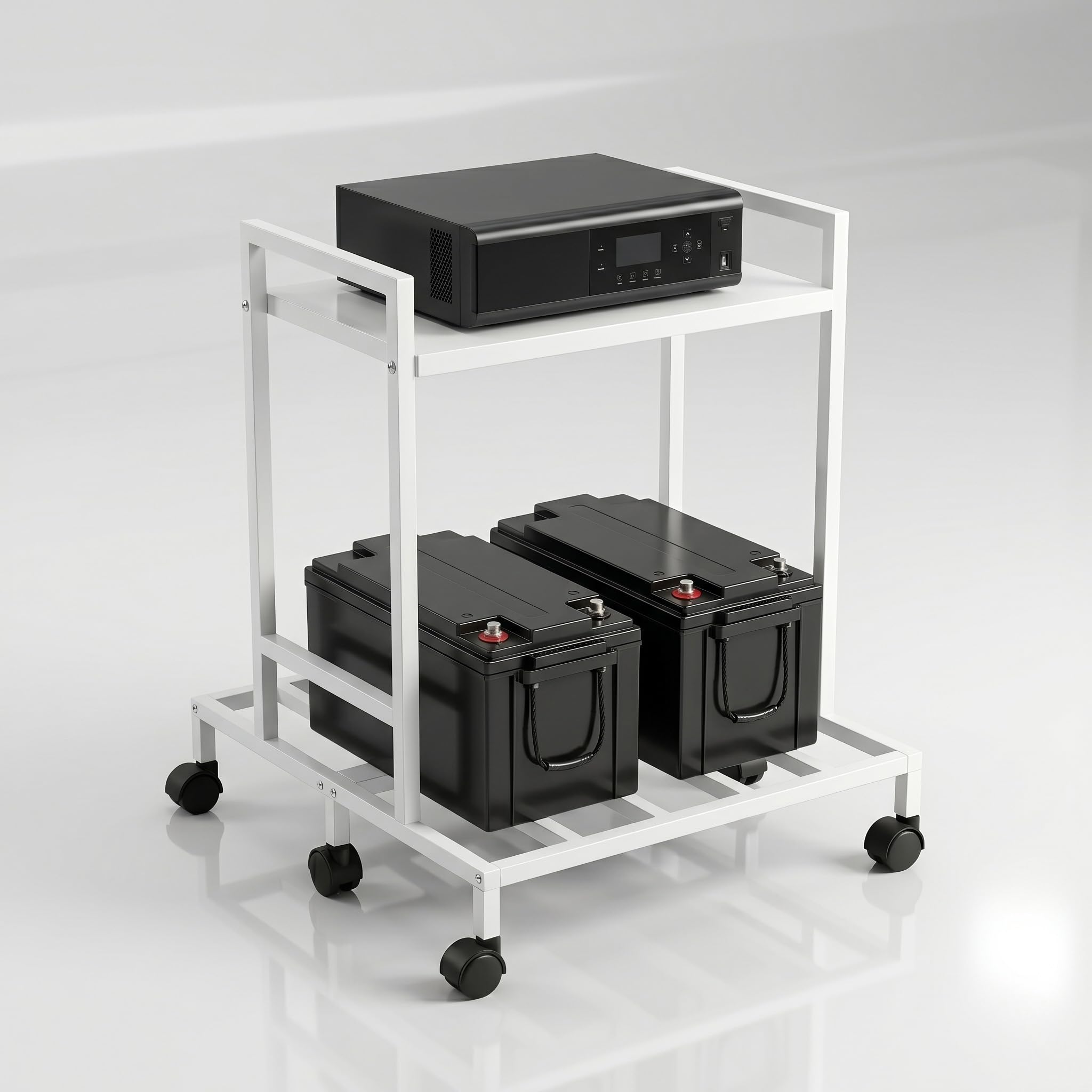 Basic Build Metal Inverter Battery Trolley for Home | 2-Tier Double Battery Stand with Wheels | Strong UPS & Inverter Storage Rack, Heavy Duty Build (White)-image-14