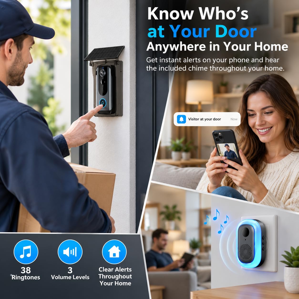Caméra de Sonnette vidéo sans Fil, WiFi 2,4G avec Protection Solaire