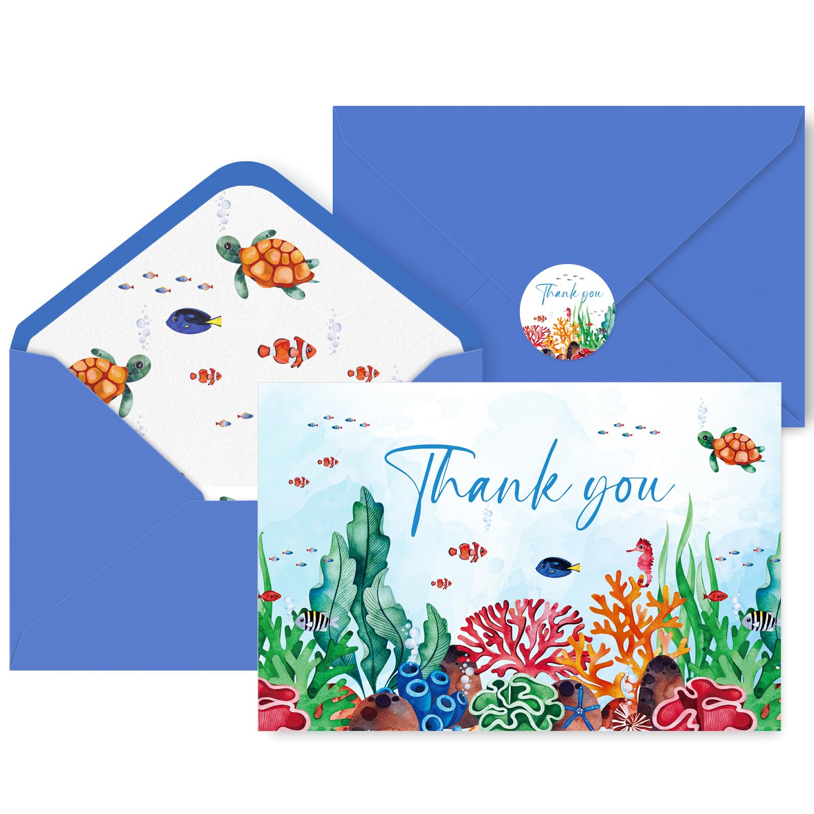 JarThenaAMCS 24 Pack Under the Sea Thank You Cards with Envelopes and Stickers Ocean Watercolor Seaweed Sea Animals Greeting Cards for Birthday