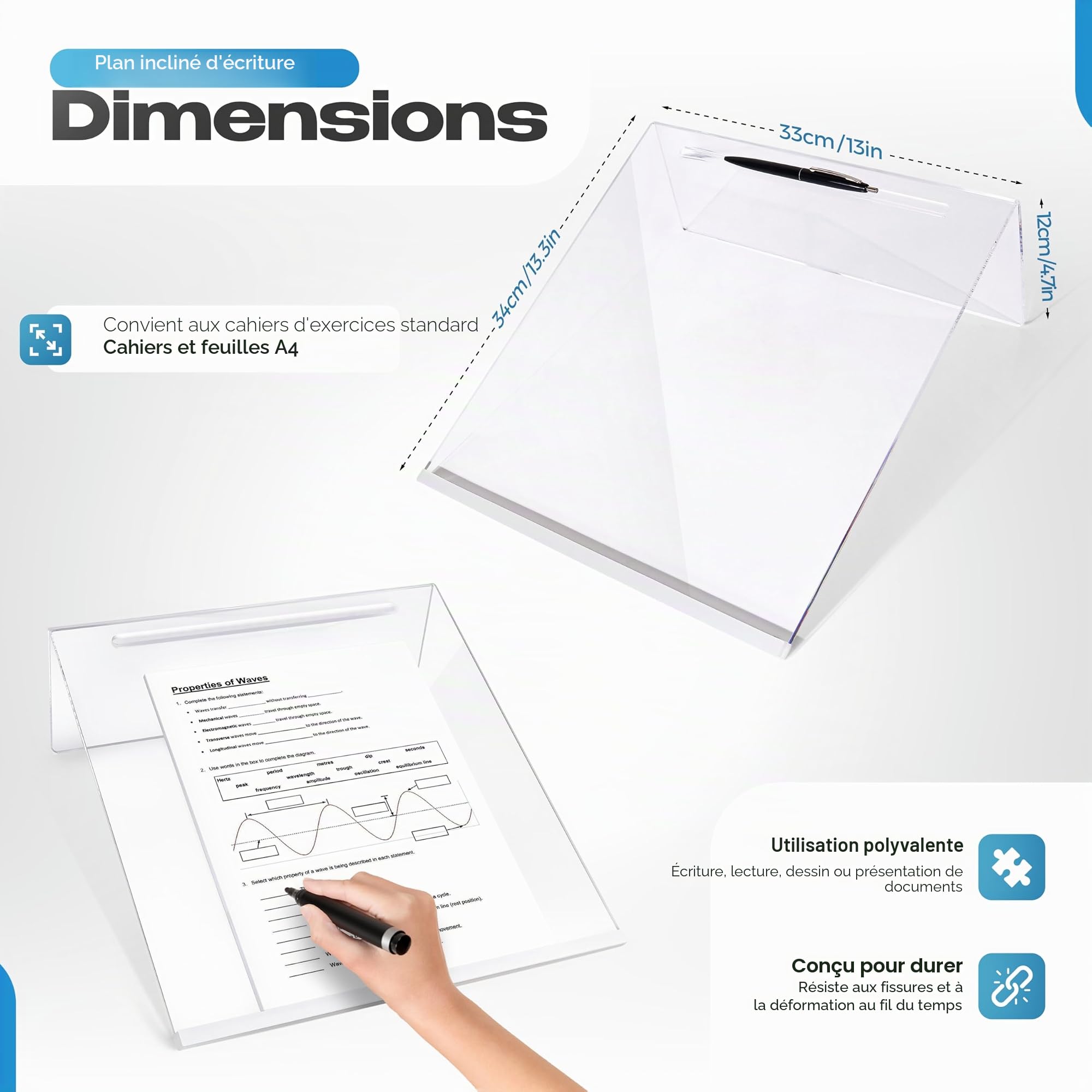 Support d'écriture incliné en acrylique transparent de qualité supérieure, ergonomique, antidérapant, extra large, angle de 20 degrés, améliore la posture d'écriture, avec porte-stylo