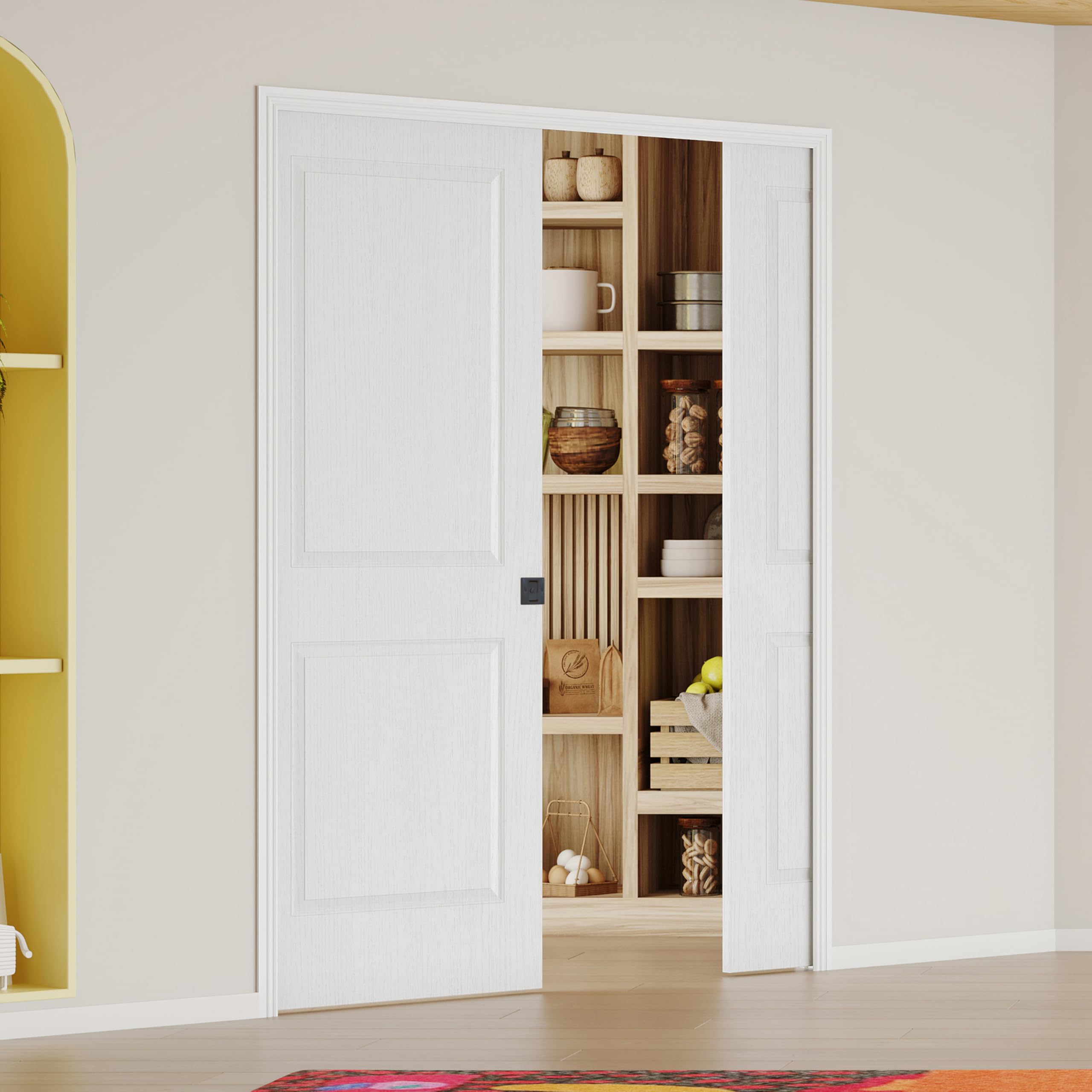 56" x 80" Sliding Pocket Interior Door, 2-Panel Hollow Core Pantry Door with Frame and Hardware Kit, Lightweight Closet Door, Waterproof PVC Surface, Easy to Install