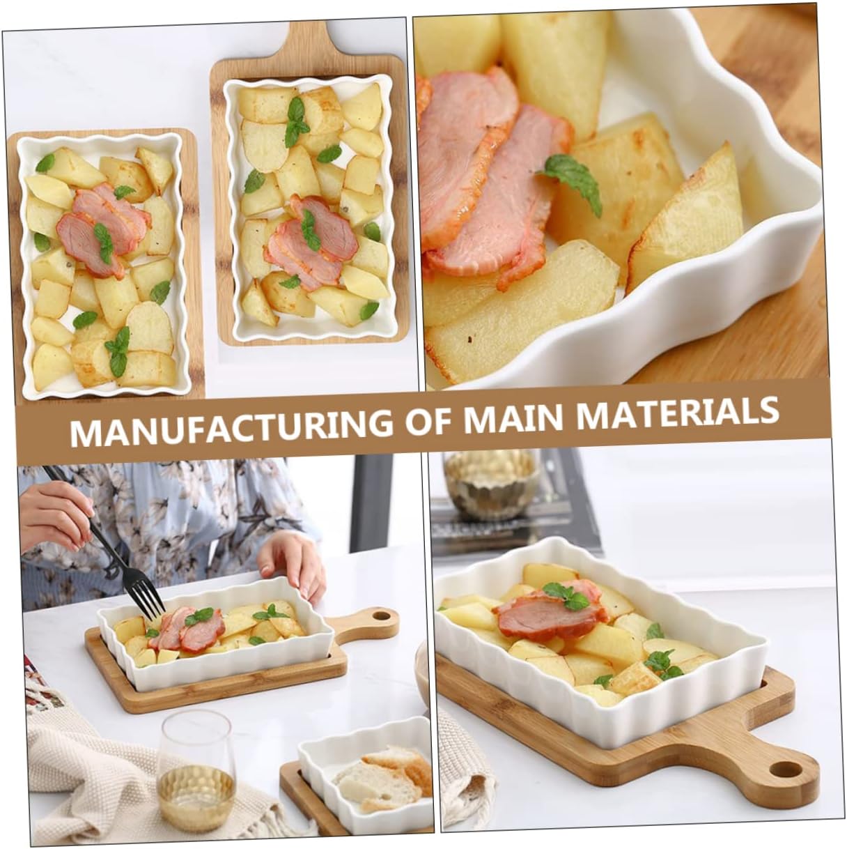 Mobestech Ceramic Baking Dish Set Rectangular Oven Safe Cookware Bamboo Mat Non-Toxic for Cheese Baked Dishes Suitable for Restaurants and Home Use