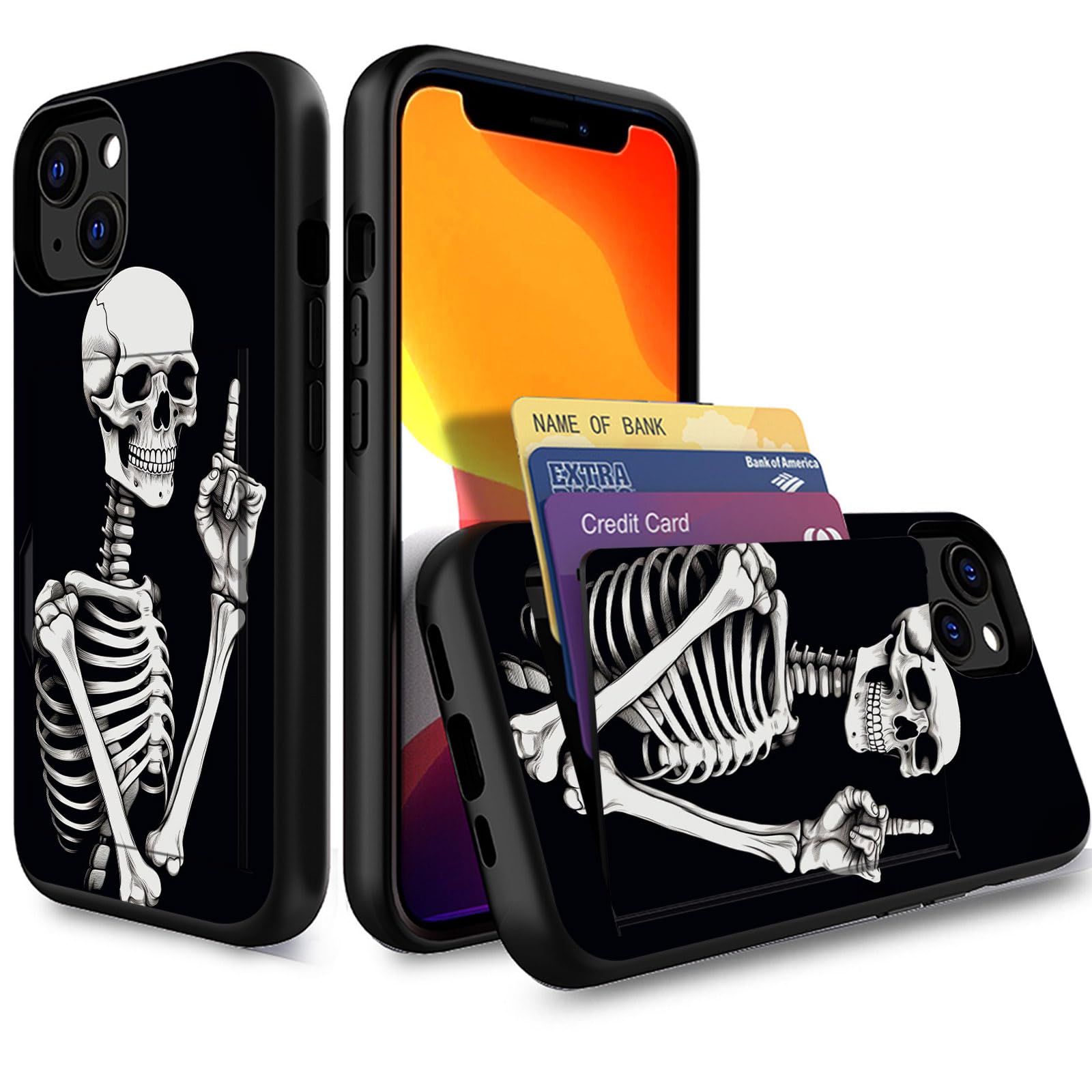 for iPhone 15 Case,Wallet Case Hidden Card Slot Holder Shockproof TPU and PC Dual Layer Protective Case Cover for iPhone 15 6.1 Inch 2023,Funny Skeleton Skull