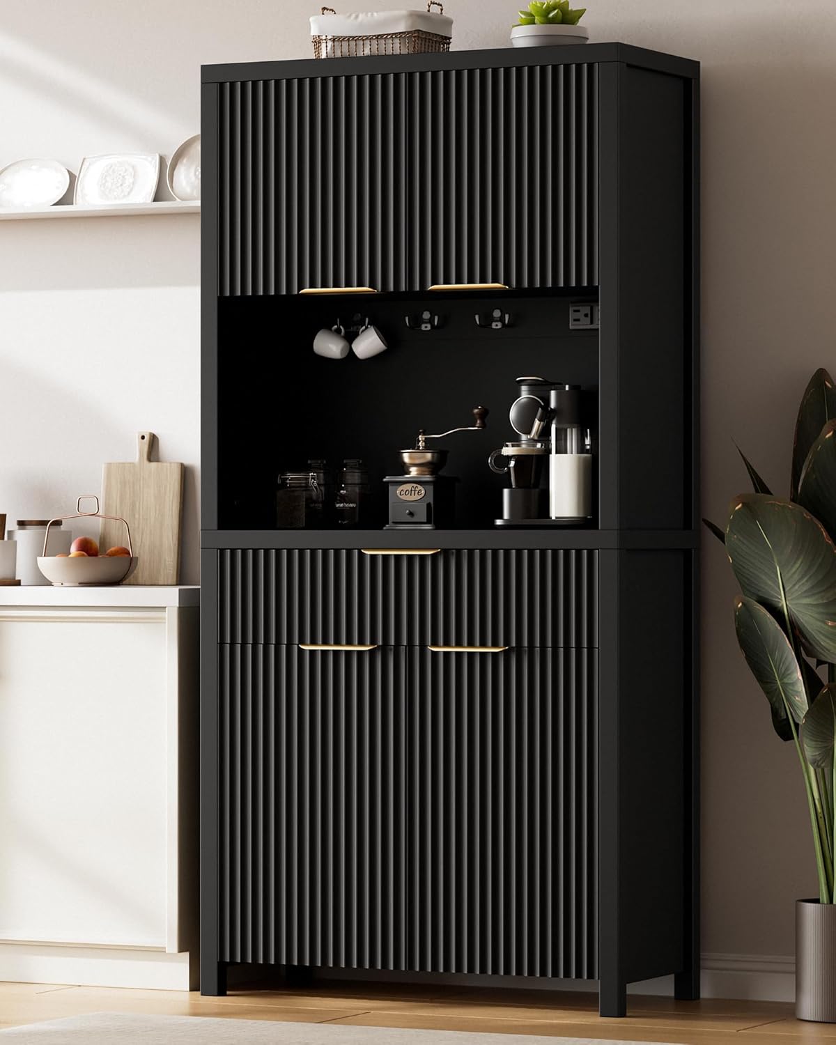 Lulive 71" Fluted Pantry Cabinet with Charging Station & Adjustable Shelves, Spacious Kitchen Storage Cabinet with Open Countertop & Drawer for Dining Room, Living Room, Black