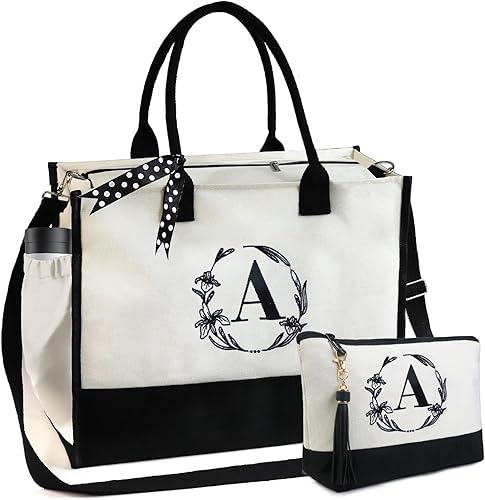 Miniatura 1 de BeeGreen Bolso de mano con inicial, bordado personalizado, regalos de cumpleaños, bolsa de lona con bolsillos con cremallera para mujer