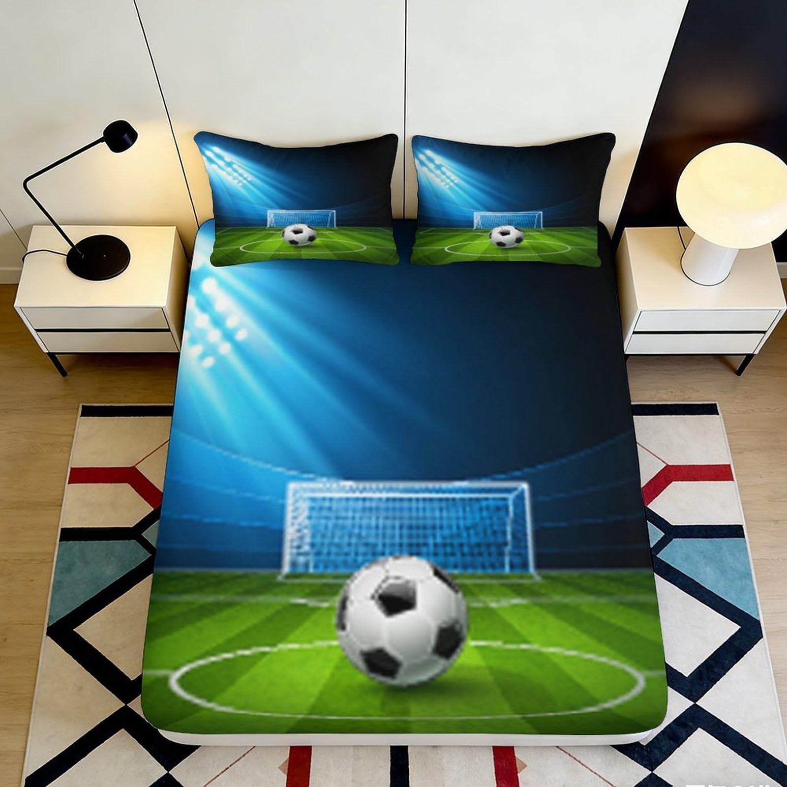 3D Printed Football Stadium Fitted Sheet Microfiber Soft Breathable Soccer Goal Bed Cover for Bedroom Dorm Decor 90x200x25cm