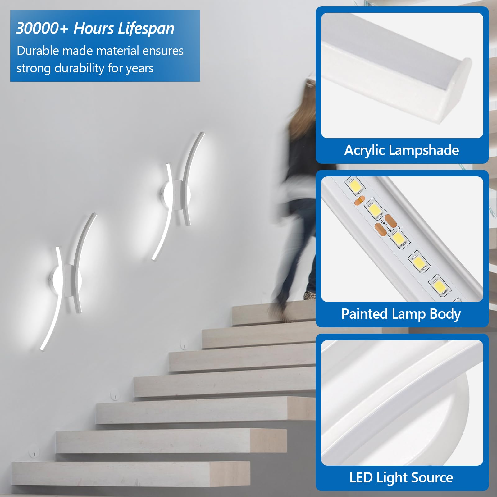 Applique LED da Parete Interno 2 Pezzi, 20W 2250LM Moderno Lampada da Parete LED, 44.5CM Bianco Lampada a Muro per Camera da Letto Bagno Soggiorno Scale Corridoio, Bianco Freddo 6500K