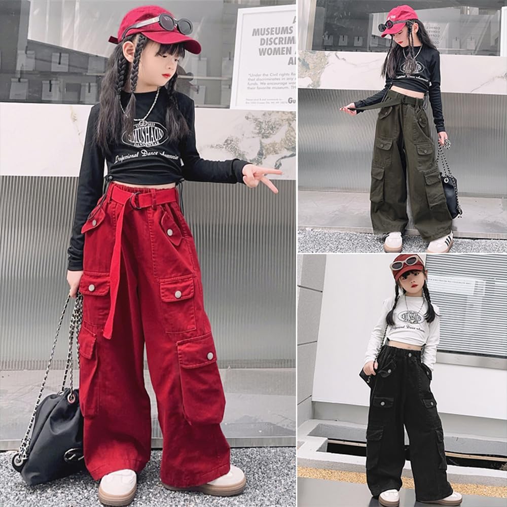 AOWKULAE Big Girls Y2K Multi Pocket Casual Jogger Cargo Pants Loose High Waist Trousers Included belt，Black，13-14 Years = Tag 170