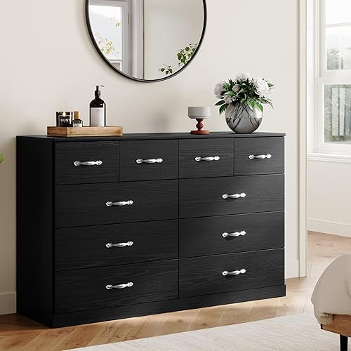 Miniatura 10 de LINSY HOME Cómoda beige para dormitorio, cómoda de 5 cajones con asas de metal, cómoda, cómoda alta para sala de estar, entrada y armario