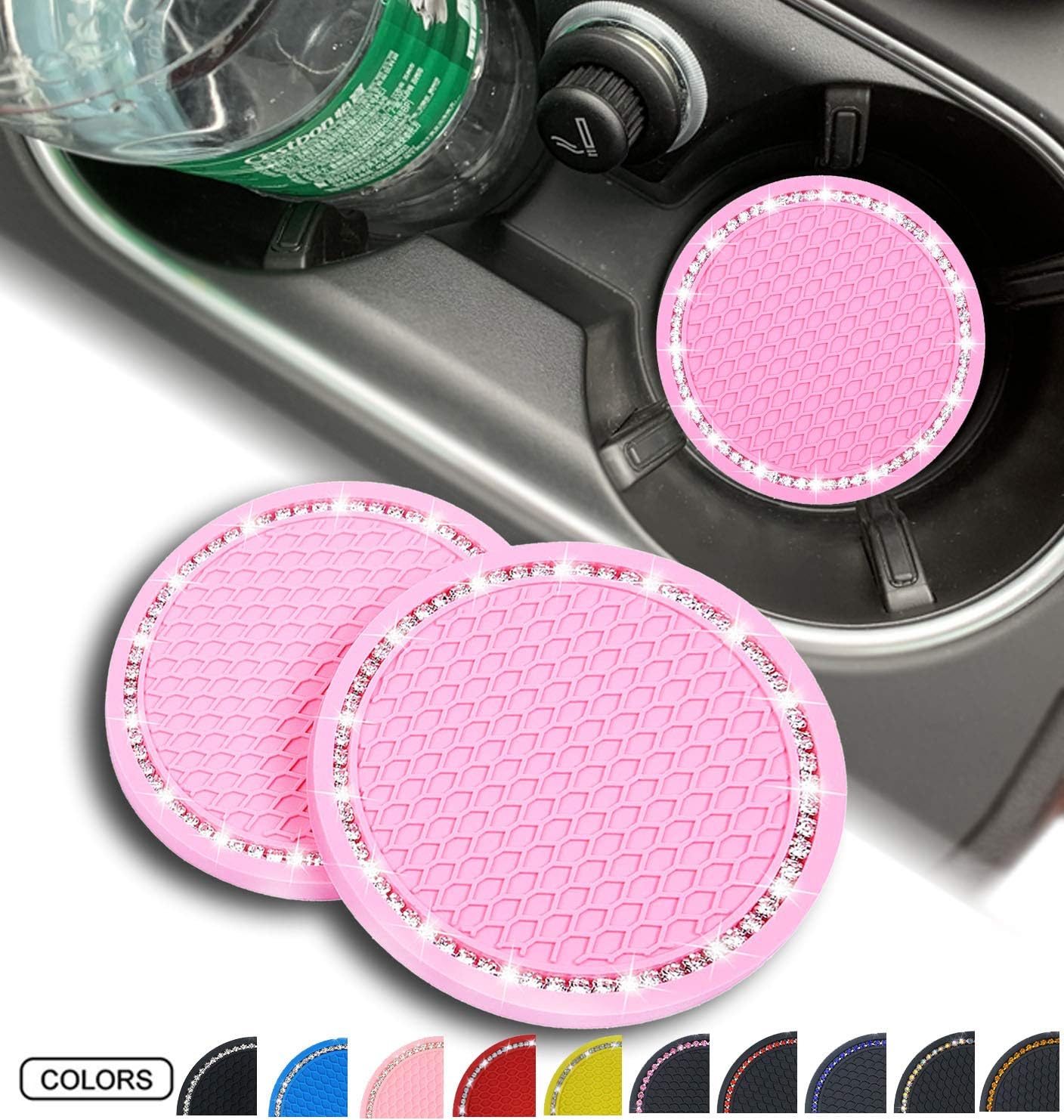 2 Pack Bling Car Coasters PVC Travel Auto Universal Cup Holder Insert Coaster Anti Slip Crystal Vehicle Interior Accessories Cup Mats for Women and Girl (2 Pink with White Crystal)