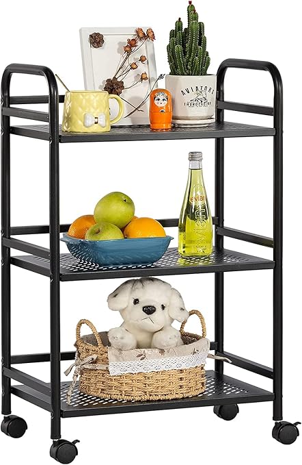 Indian Decor 61302 Metal Utility Multipurpose Rolling Cart 3-Tier, Large Capacity Heavy Duty Cart with Lockable Wheels for Kitchen, Living Room, Office, Bathroom Storage Racks. (Black)