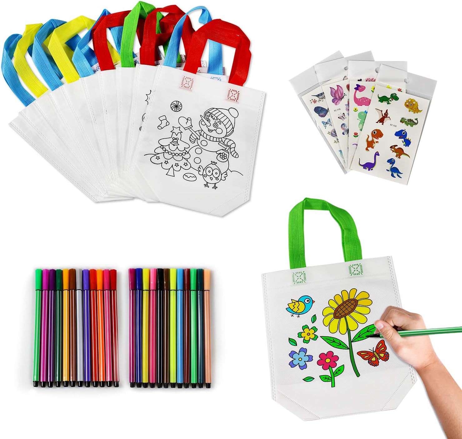 Yojoloin DIY Graffiti Bags to Colour in 12 Pcs Non-Woven Graffiti Bag and 24 Pcs Colouring Pens Arts and Crafts Bag Reusable Colouring Bag Birthday Gifts Party Decoration (36 Pcs)