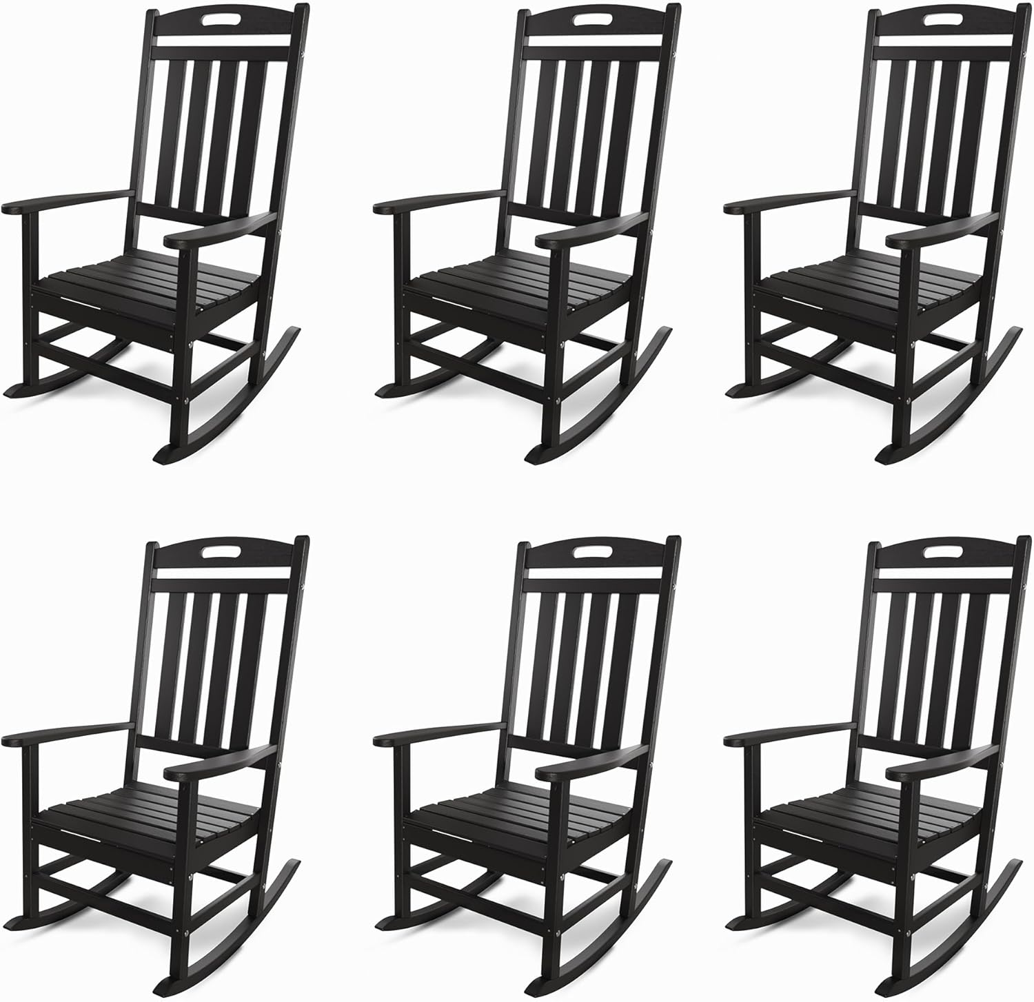 Outdoor Rocking Chair Set of 6, All-Weather Resistant Poly Lumber Rocker Chair Outdoor, High Back Plastic Patio Rocking Chairs for Outside Porch Rocker Garden Lawn, Black