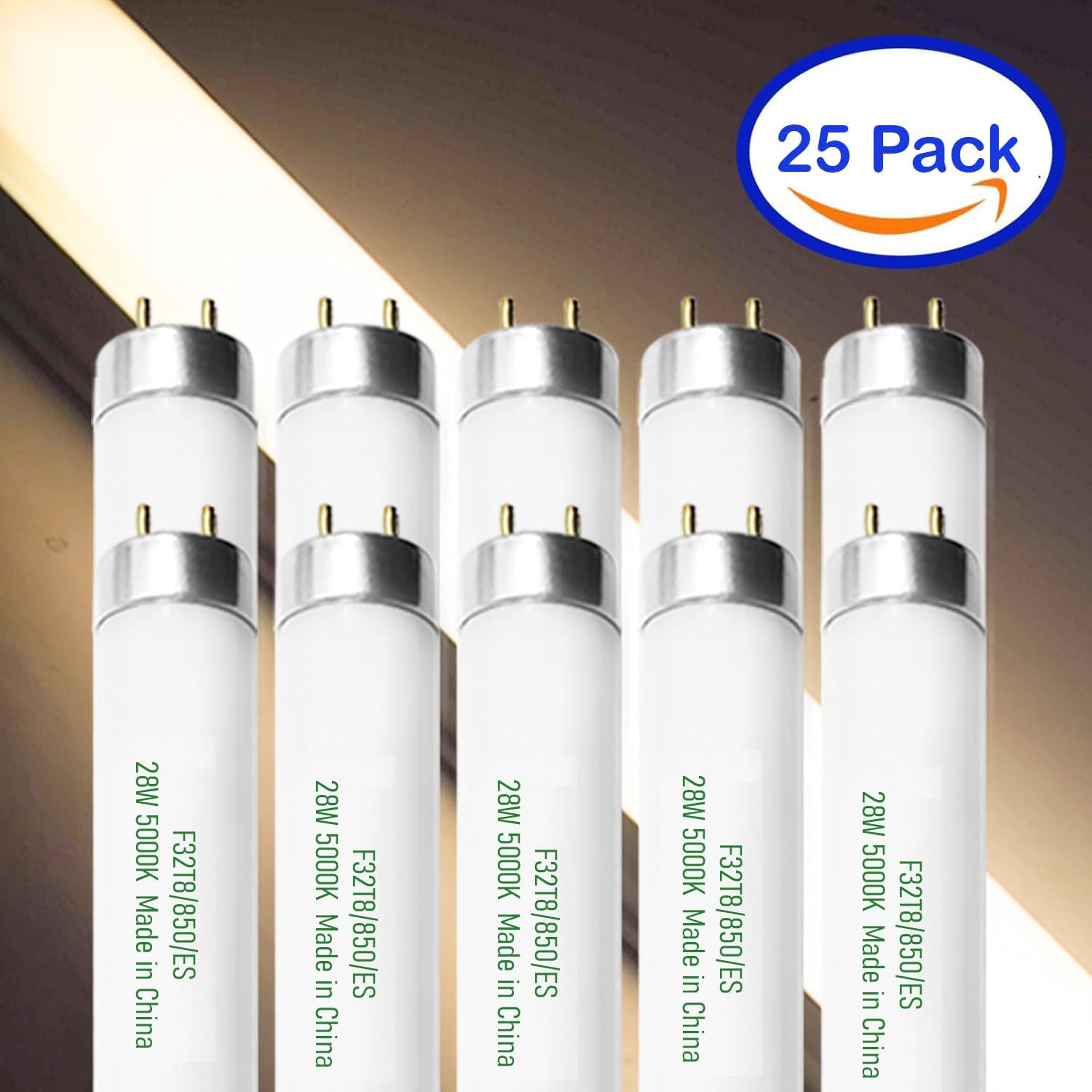 25 Pack T8 Fluorescent Bulbs, 4 Foot, F32T8/850 Fluorescent Light Bulb 48 Inch 28 Watt 5000K Daylight 2725 Lumens G13 Base