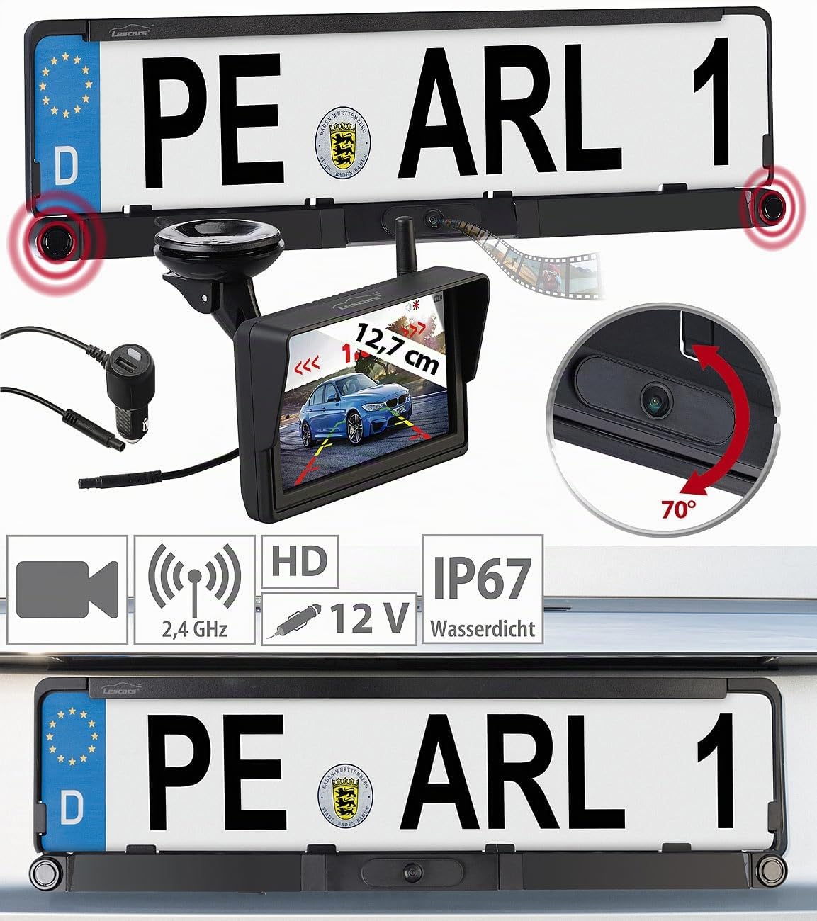 Caméra de recul HD sans fil PA-570 avec moniteur et avertisseur [Lescars]