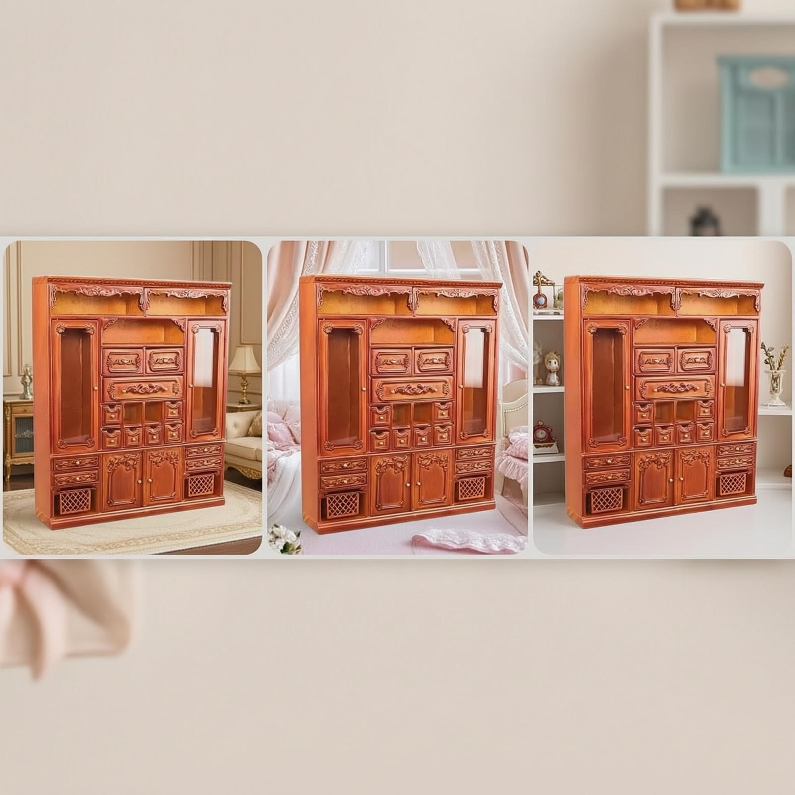Colcolo Miniarmario Vitrina Miniatura Armario Expositor Vitrina Muñecas Miniatura Mueble Miniatura de Madera para Escenas a Escala con Cajones Operables