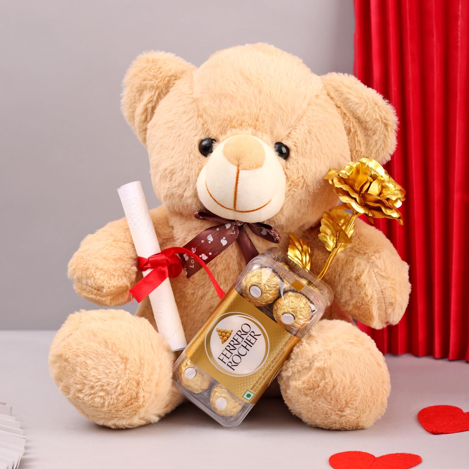 Vibrant Green Brown Teddy Bear with Ferrero Rocher Chocolate Golden Rose  Valentine Gifts Anniversary Gift Love Birthday