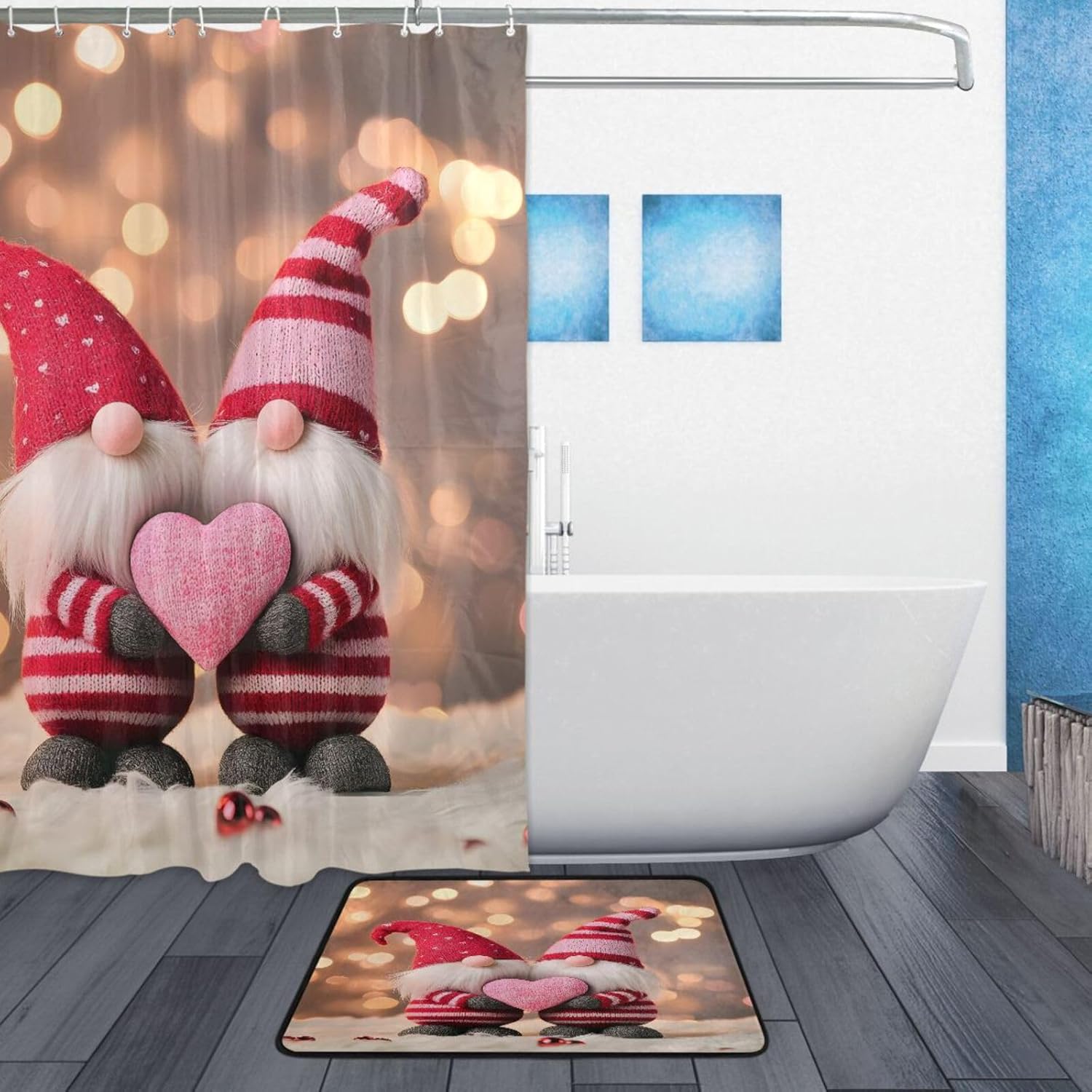 xigua Valentine's Day Cute Gnome Bath Curtain Rugs Sets 2 Pcs,Bathroom Theme Set (60X72in) with Shower Curtain and Non-Slip Carpet -12 Hooks