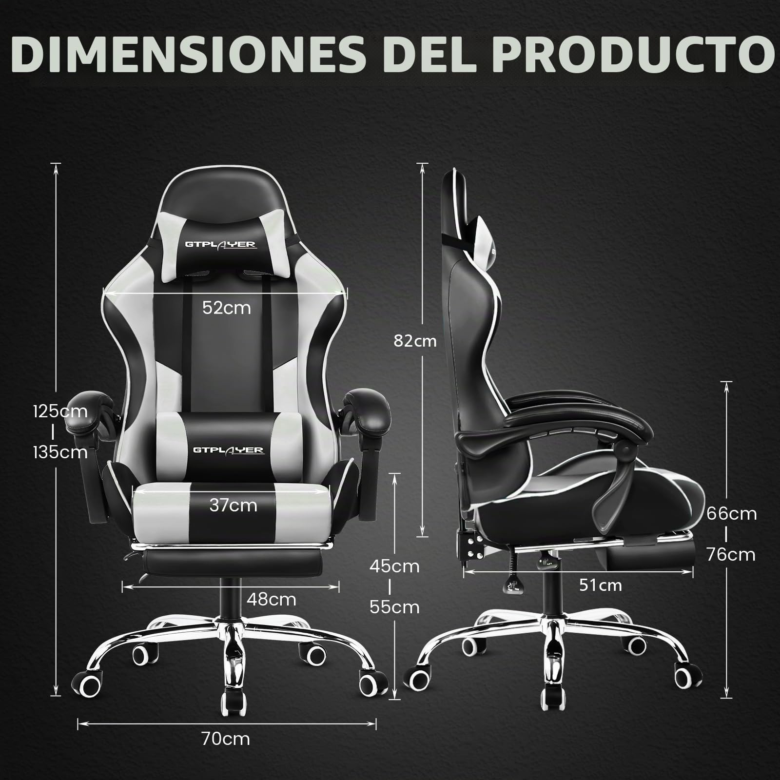GTPLAYER Silla de Oficina para Gaming, Masaje, sillón, Silla ergonómica para Gamer, con reposapiés, reposacabezas, cojín Lumbar, Acolchado, Silla giratoria, Color Blanco