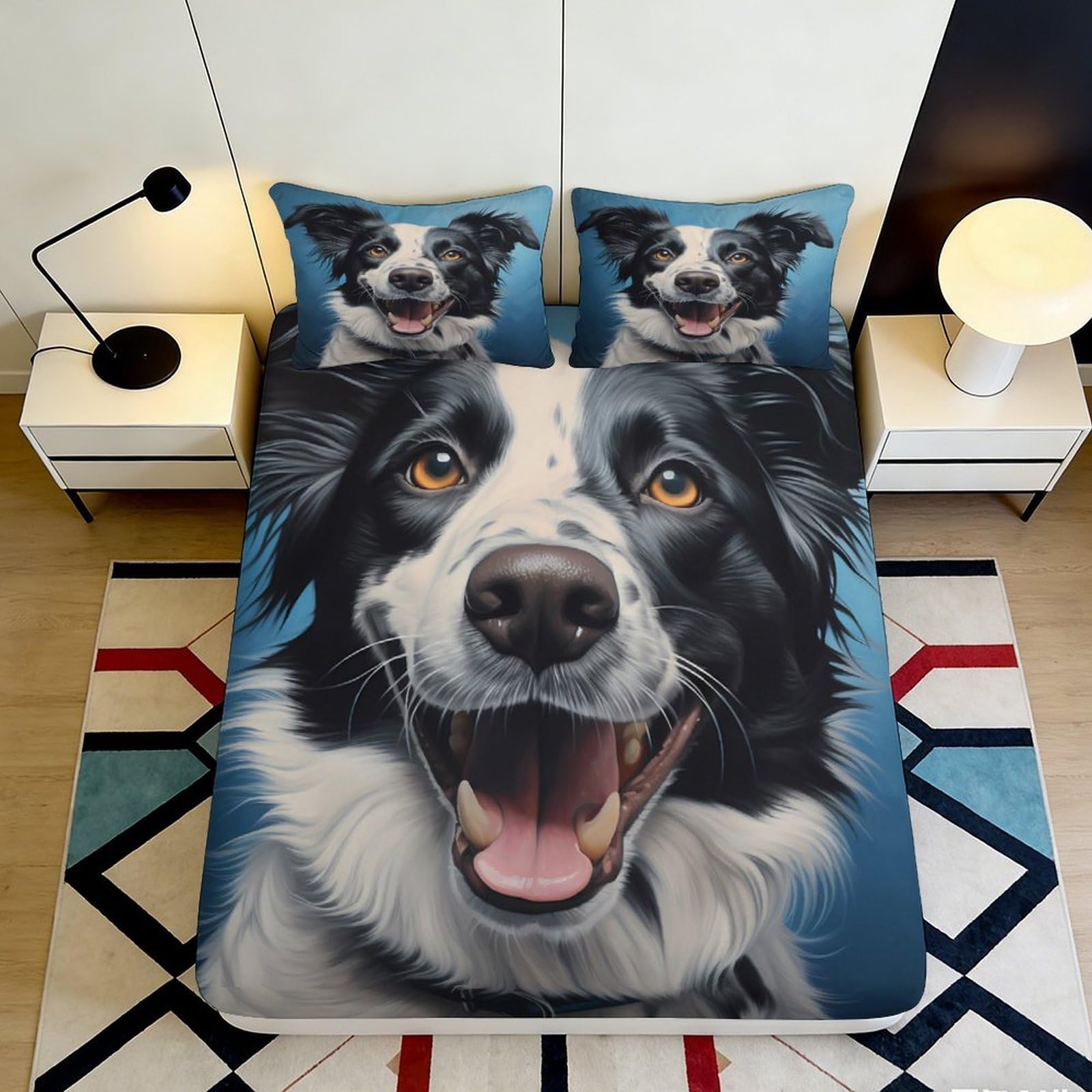 Uxinyoume Style-5 3D Printed Border Collie Fitted Sheet Microfiber Soft Black White Dog Bed Cover For Bedroom Guest Room Dorm Mattress Decor 90X200x25cm