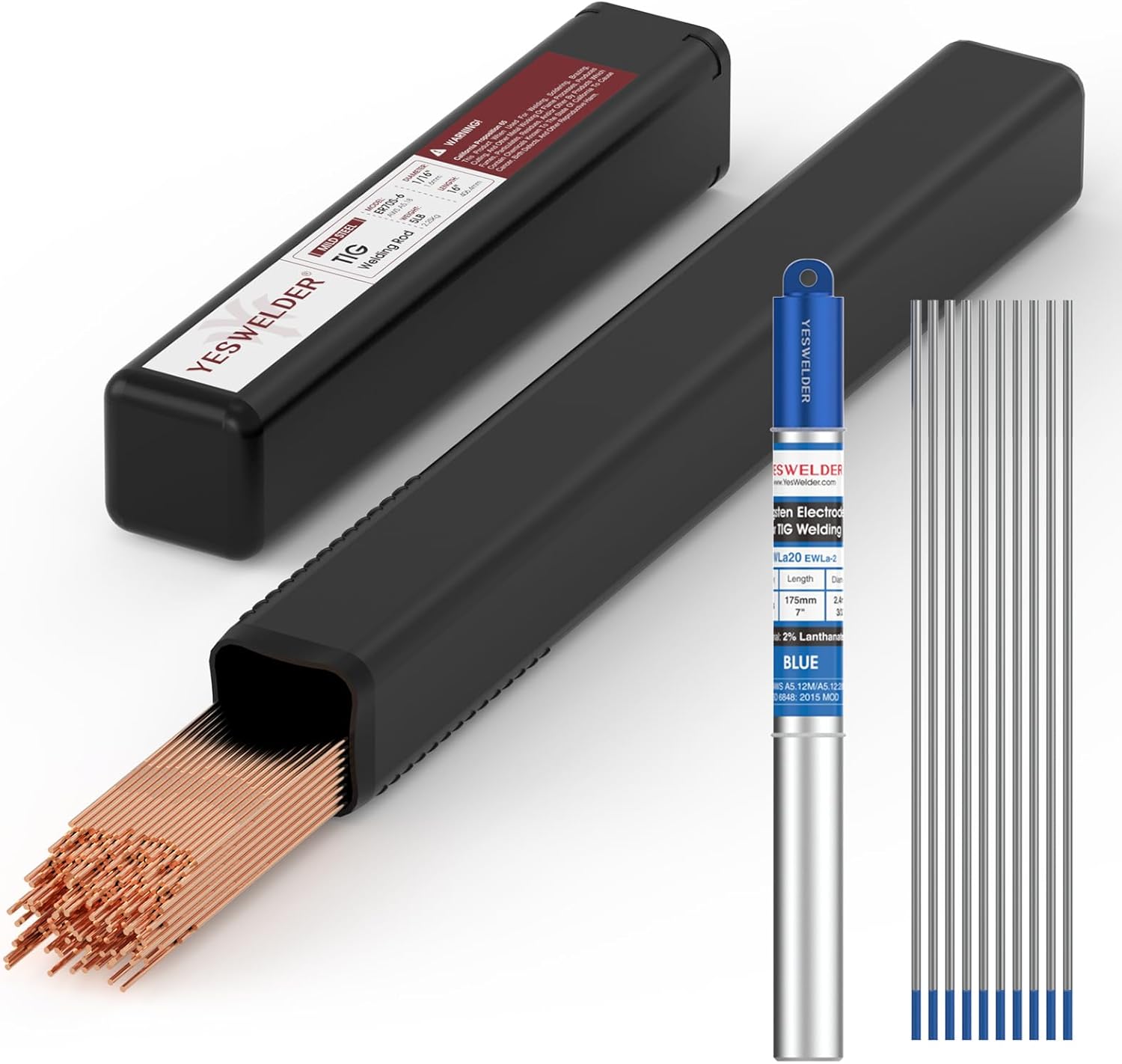 YESWELDER Mild Steel TIG Welding Rod ER70S-6 1/16"x16" 5LB & TIG Welding Tungsten Electrode 2% Lanthanated 3/32" x 7" (Blue, WL20/EWLa-2) 10-pk