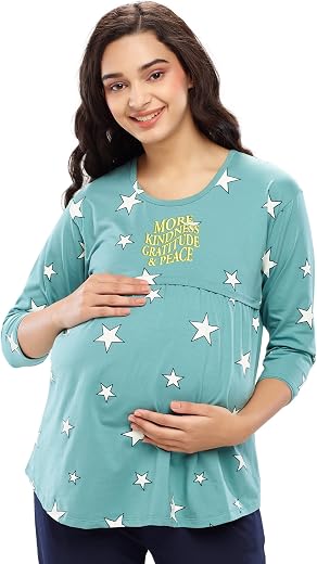 ZEYO Women’s Cotton Star Printed Maternity & Feeding Relaxed Fit Top 5645