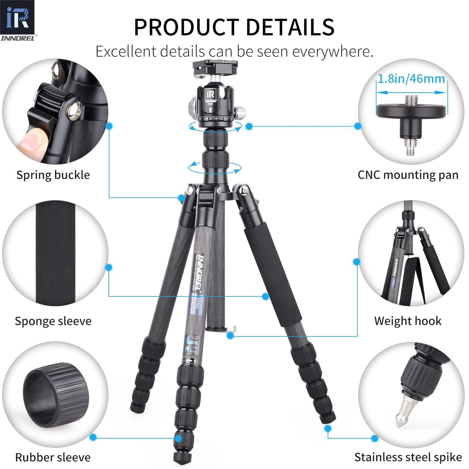 INNOREL 157.5 cm 10 warstw monopod statywu do aparatu z włókna węglowego z 360-stopniową głowicą kulową o niskiej grawitacji, dwie płytki do szybkich butów 1/10.2 cm, torba do przenoszenia lustrzanki