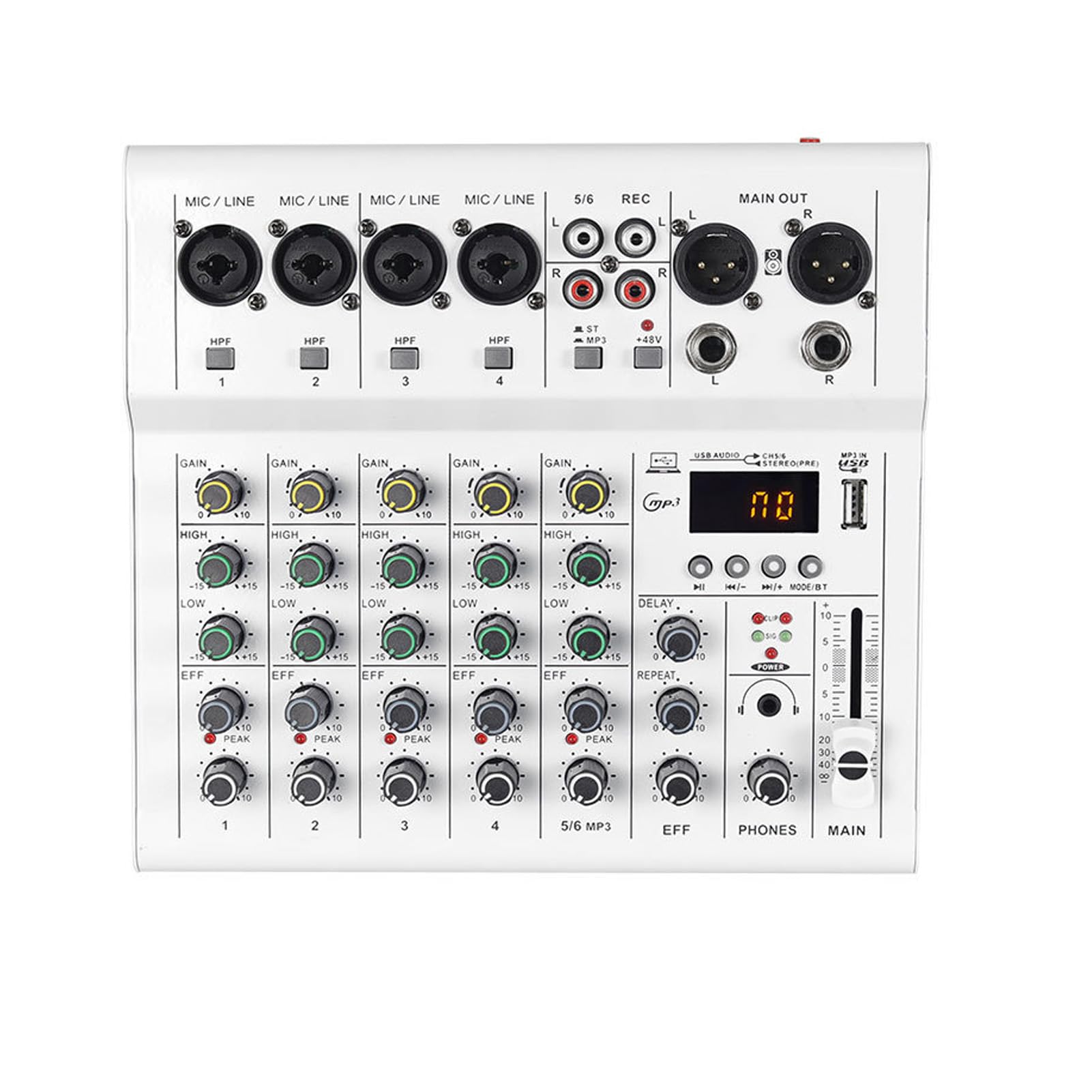 Walmeck 6-Kanal-Mini-Soundmixer, DJ-Controller, Professionelle Aufnahme-Soundkarte mit BT-MP3-Player, 48 V Phantomspeisung, Integrierter Gitarrenverstärker, Tragbare Mischkonsole für (Weiß)