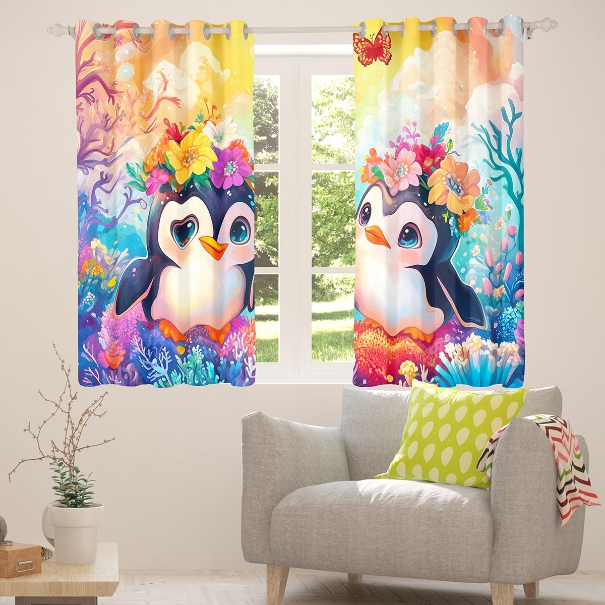 Manfei Penguin Kids Blackout Curtain Watercolor Marine Life Window Drapes for Boys Girls Room Decor Floral Animal Window Treatments - Image 4