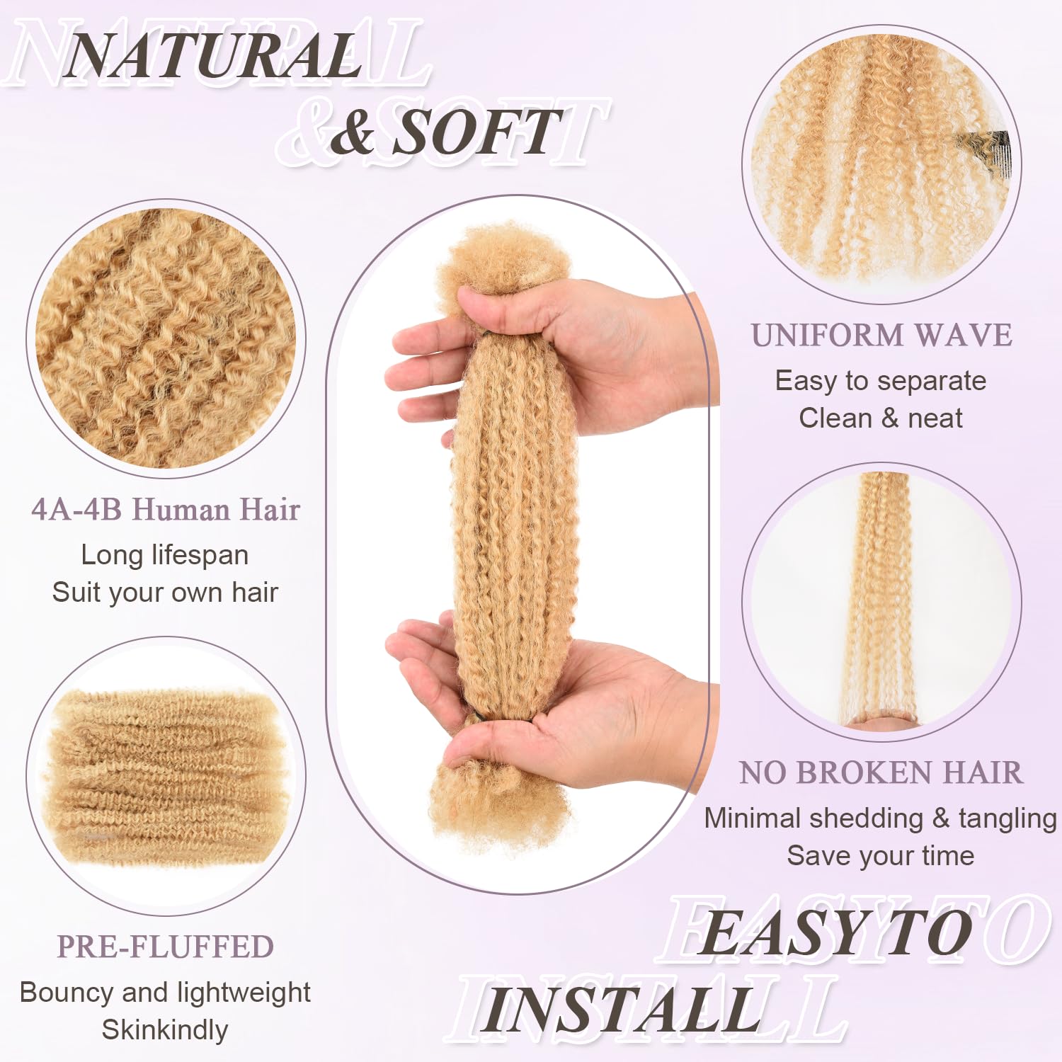 ​Afro Kinkys Bulk Human Hair Kinky-Curly 100% Real Human Hair for Twist, Braiding, Dreadlocks & Sister Locs, Natural Soft Pre Fluffed, Can Be Dyed Bleached(#613 Blonde, 16 Inch)
