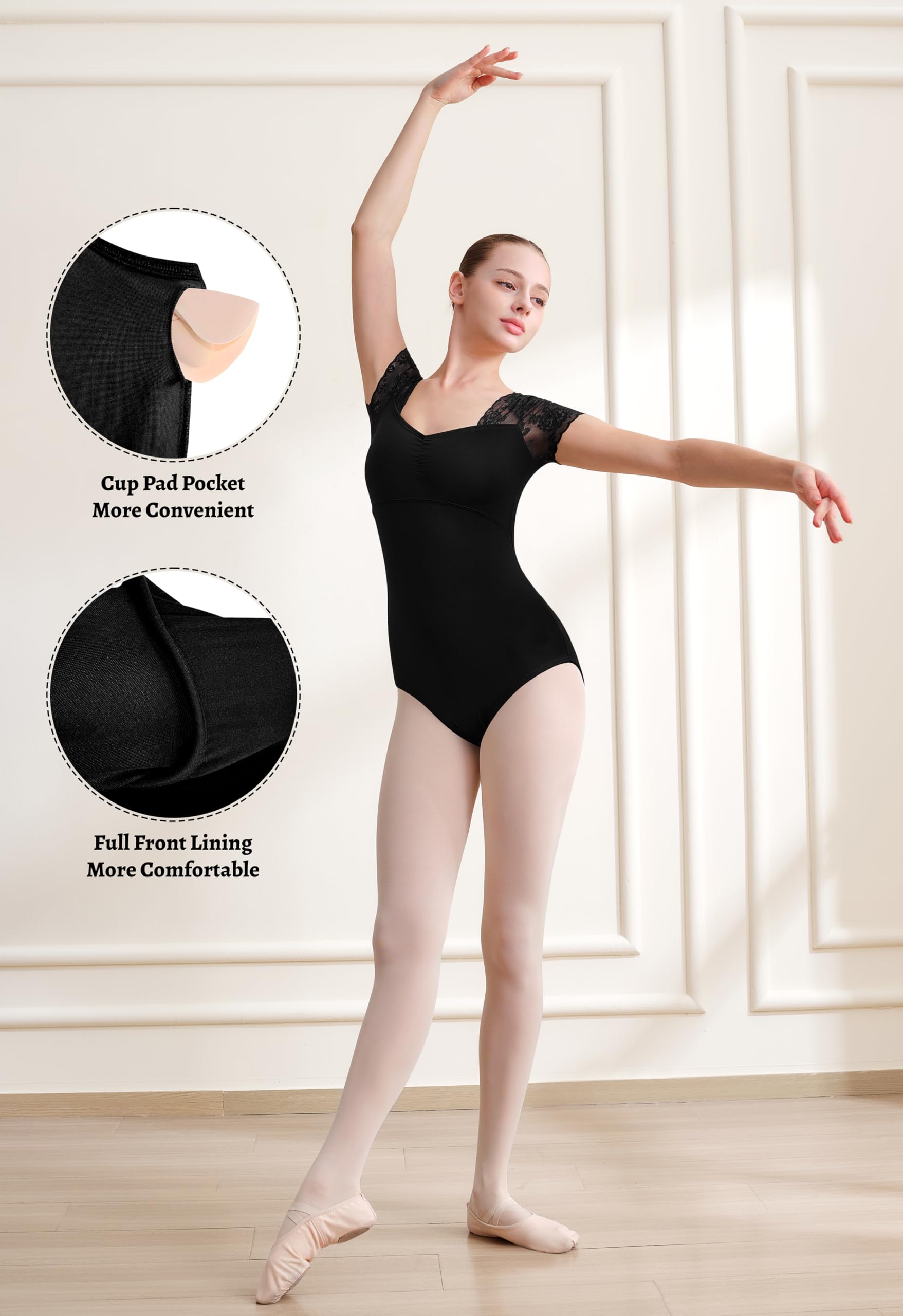 Justaucorps de ballet pour femme avec dos en maille, manches courtes et empiècement en dentelle Noir