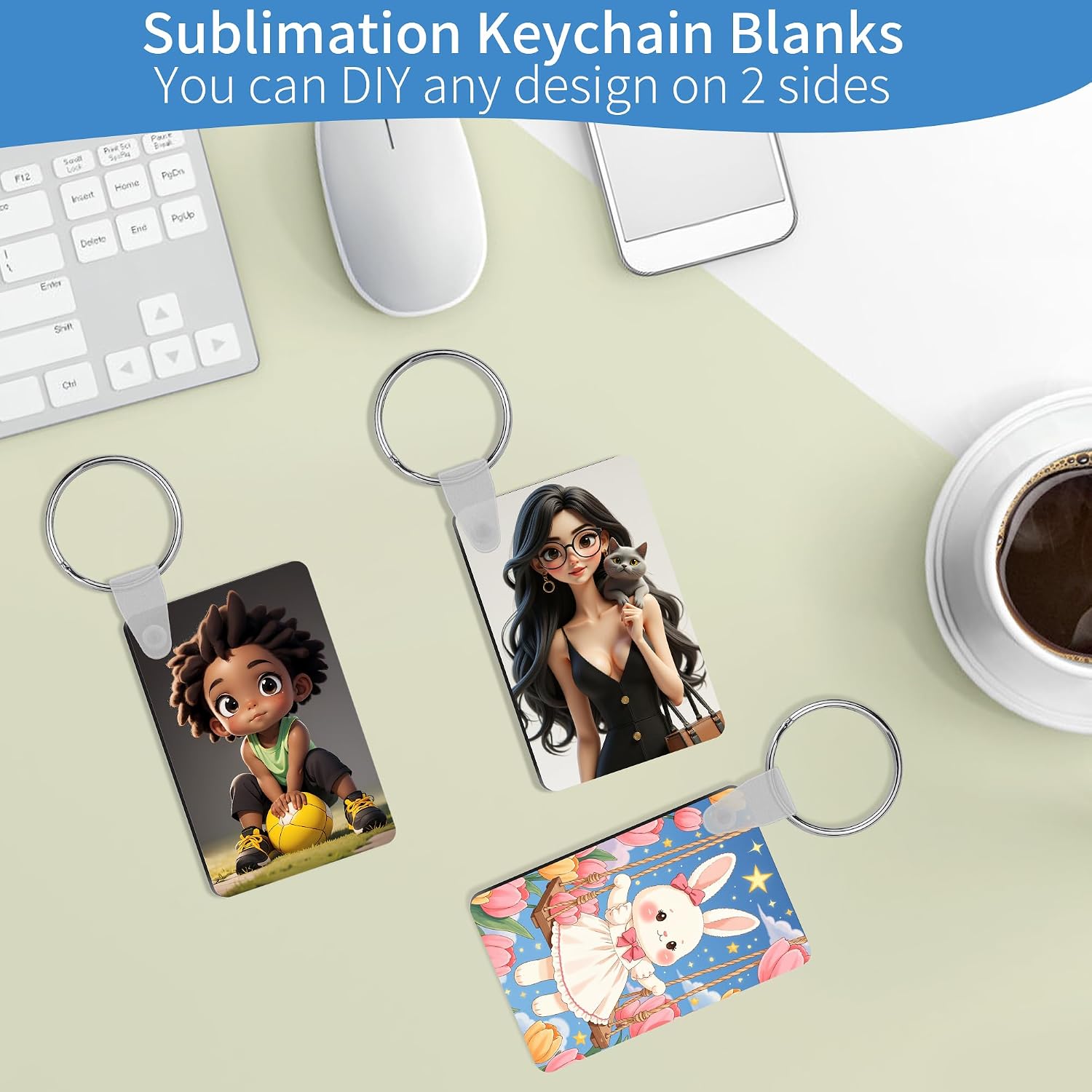 Merkisa 300 Pcs Sublimation Keychain Blanks – Double-Sided Heat Transfer Blanks 100 Set with Rings & Clips, Clear Film