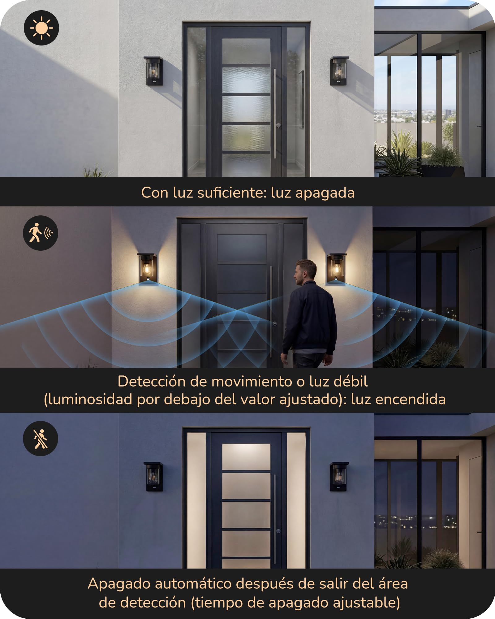 EDISHINE Aplique Exterior, Sensor Movimiento, Cristal Transparente, Negro | Casquillo E27, Impermeable IP44, Carcasa de Aluminio, Sin Bombilla, ideal para Puerta de Entrada y Fachada