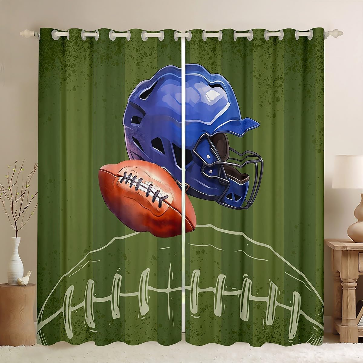 Vintage Baseball Window Curtain,Green Geometric Hexagon Curtains for Kids Boys Men Teens Home Room Decor,Neon Style Ball Games Window Drapes,Ball Sports Window Treatment Curtain,2 Panels,38Wx45L