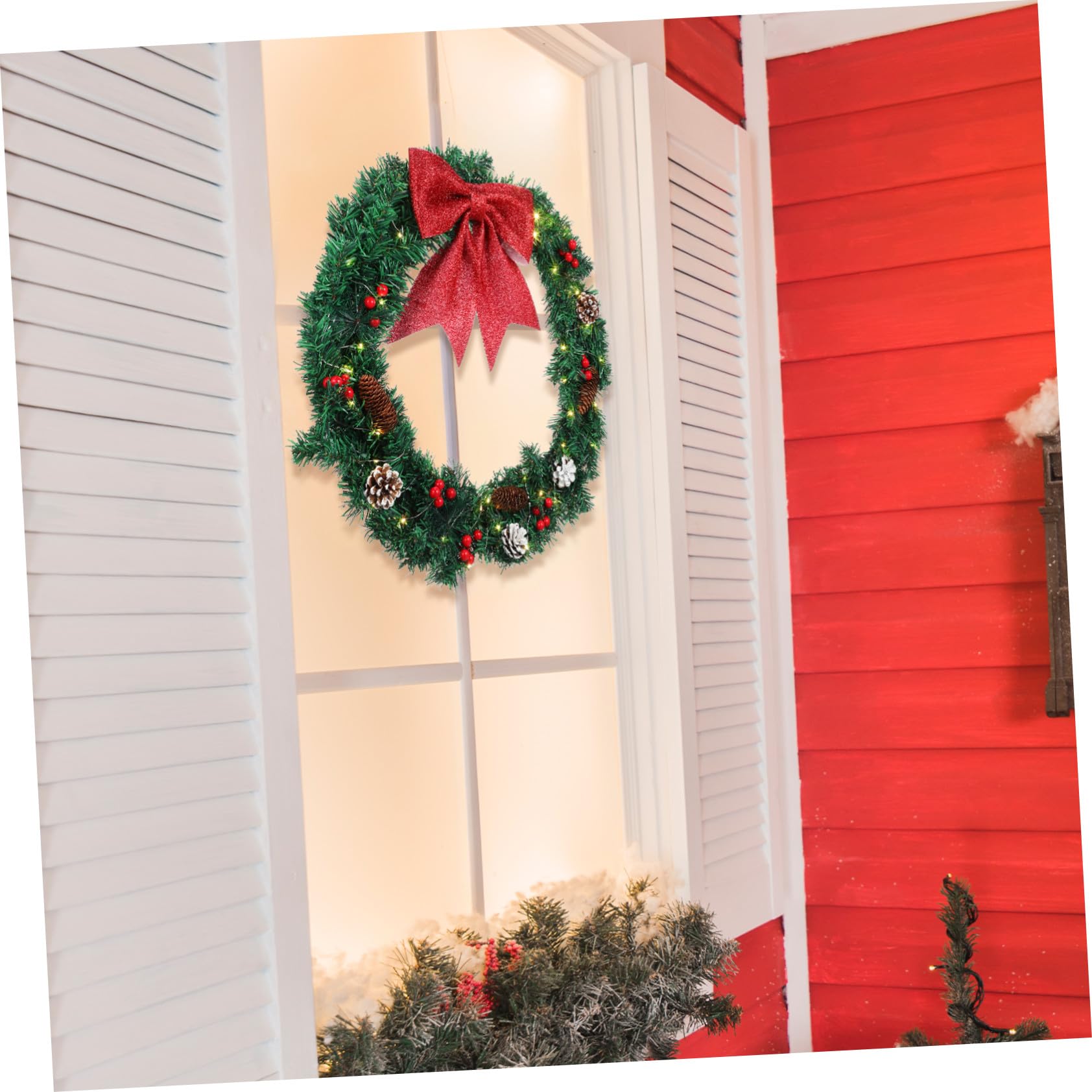 Guirnalda Navideña Brillante de Decoración Artificial con Luces Acento Festivo con Lazo y Piñas para Decoración de Puerta Interior