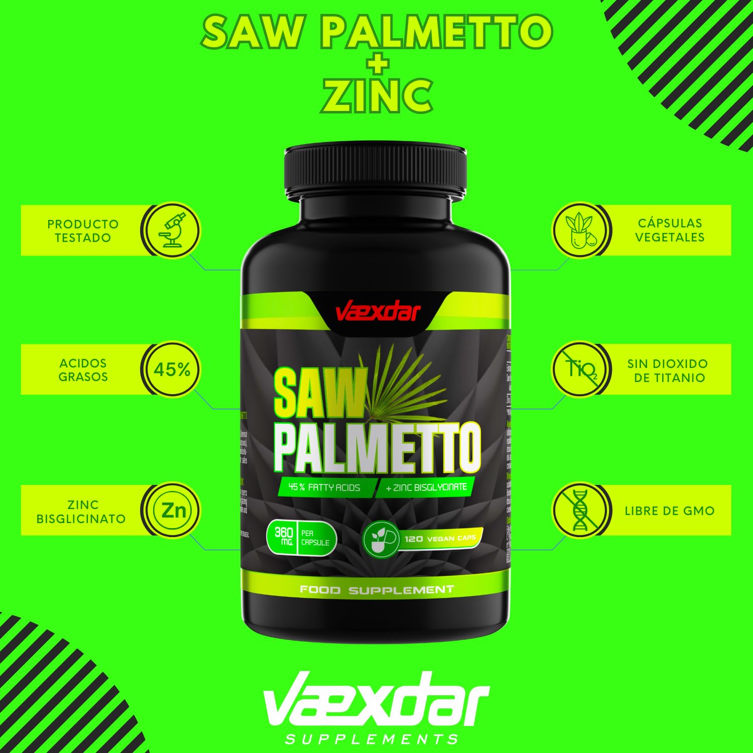Vaexdar Saw Palmetto | Zinc Bisglicinato | Alta Potencia 360 mg Serenoa Repens | Saw Palmetto Prostata | 45% Ácidos Grasos | 120 Cápsulas Vegetales | Apoyo a la Salud Masculina | 4 Meses de Duración