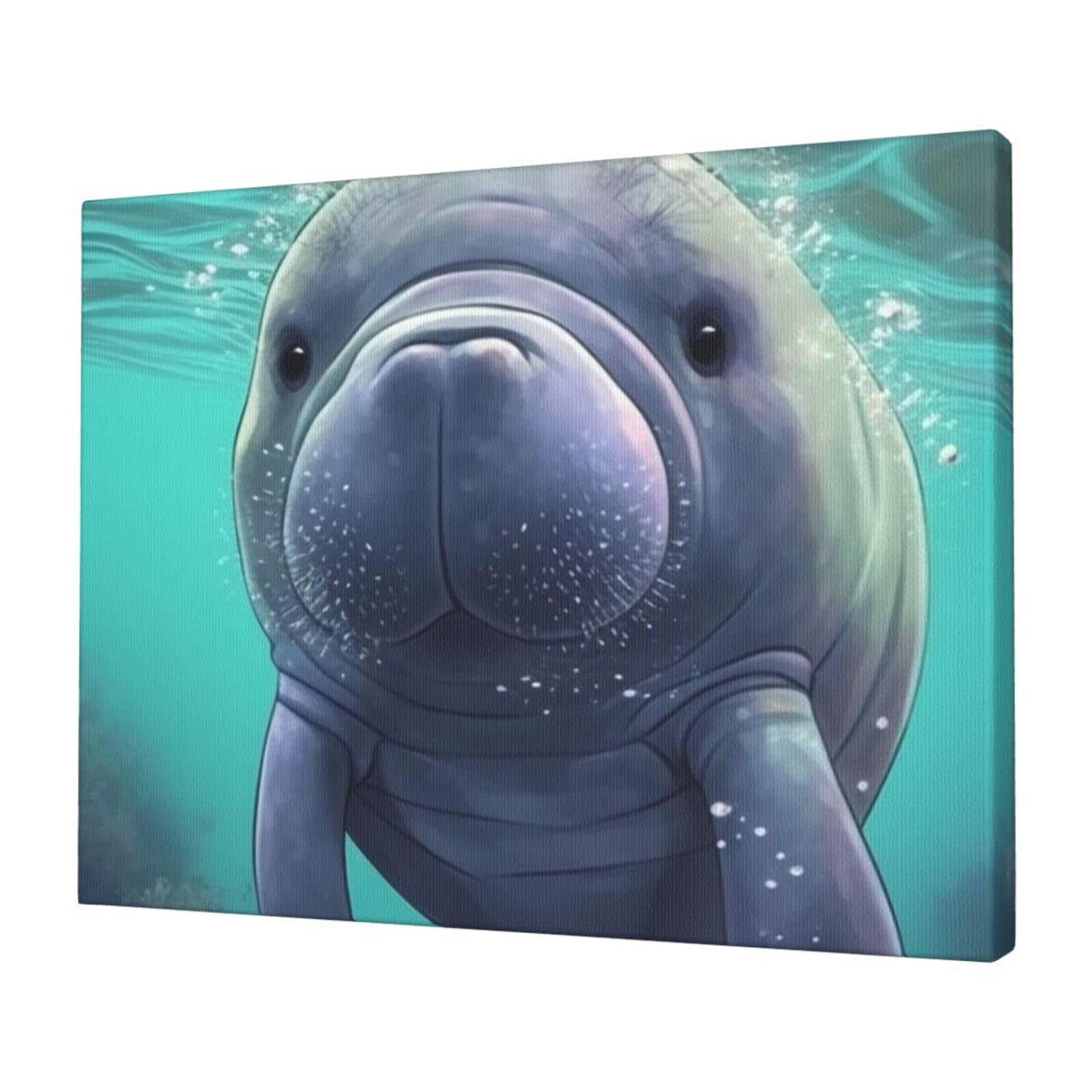 FodPand Canvas Wall Art for Living Room Wall Decor 12"x16" Modern Artwork Painting Pictures Hanging Canvas Prints Cute Sea Animal Manatee Aesthetic Wall Art for Bedroom Bathroom Office Wallart Decor