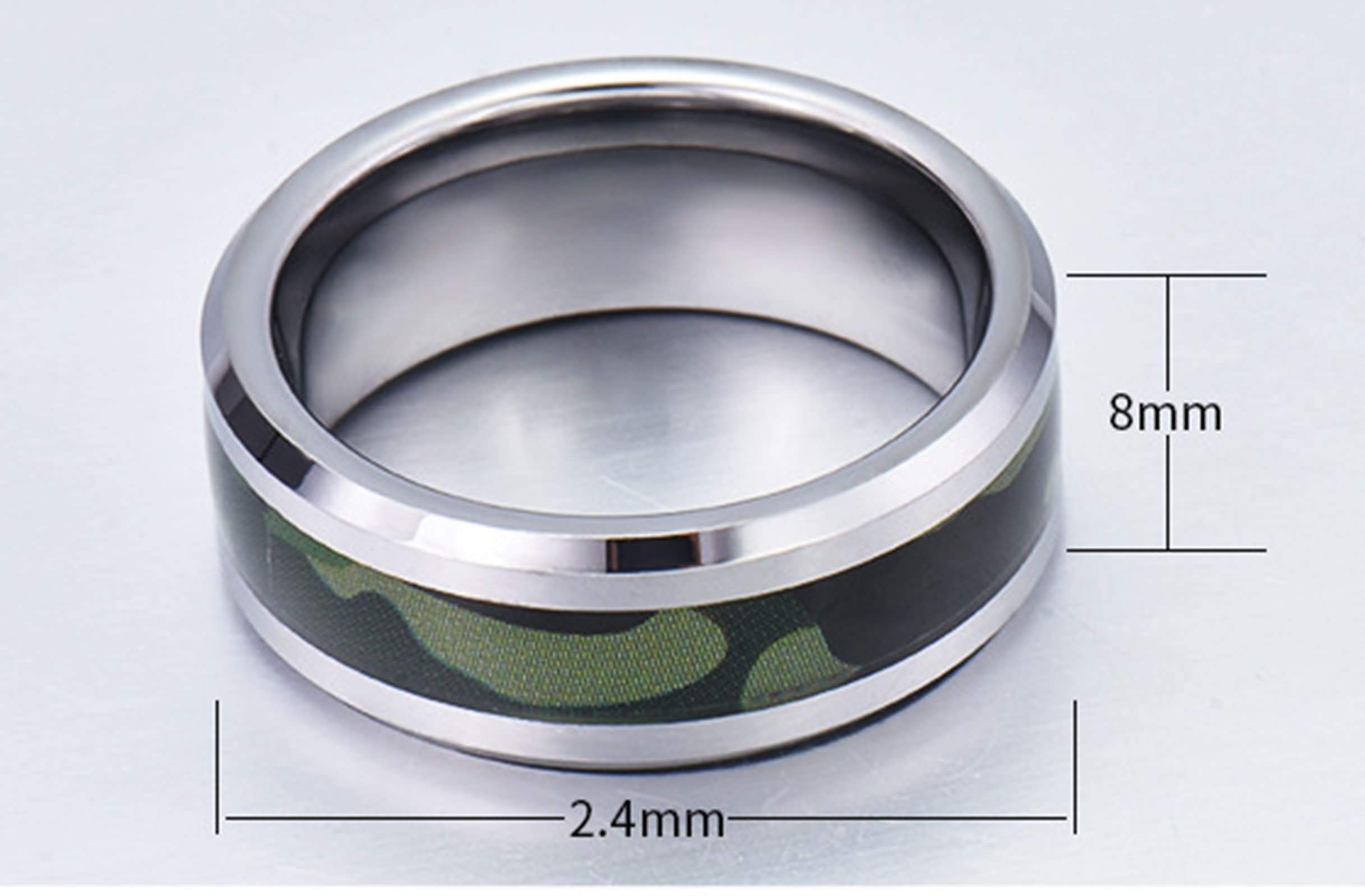 Anelli Uomo Tungsteno Anello con Intarsio Motivo Mimetico Bordo smussato Anello Fidanzamento Personalizzato 8MM Anello Tungsteno Argento Verde Misura 12-31