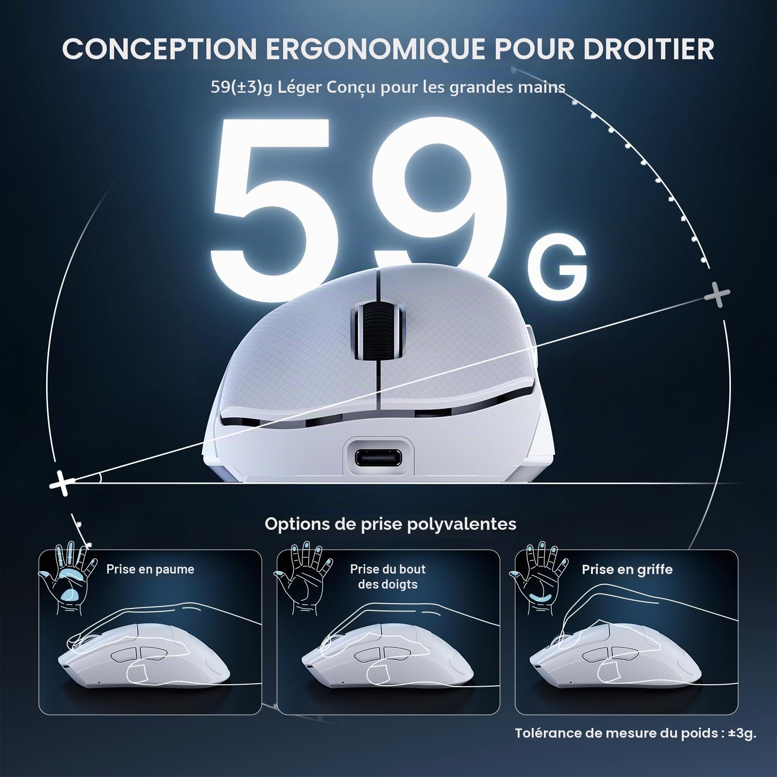ATTACK SHARK V8 Souris Gaming sans Fil 8000Hz, Puce Nordic 54L15, Capteur PAW3950MAX, 59g Superlight, 42000DPI, 20000FPS, Ergonomique, Revêtement Ice, Bluetooth / 2,4GHz / Filaire, PC/Win, Blanc