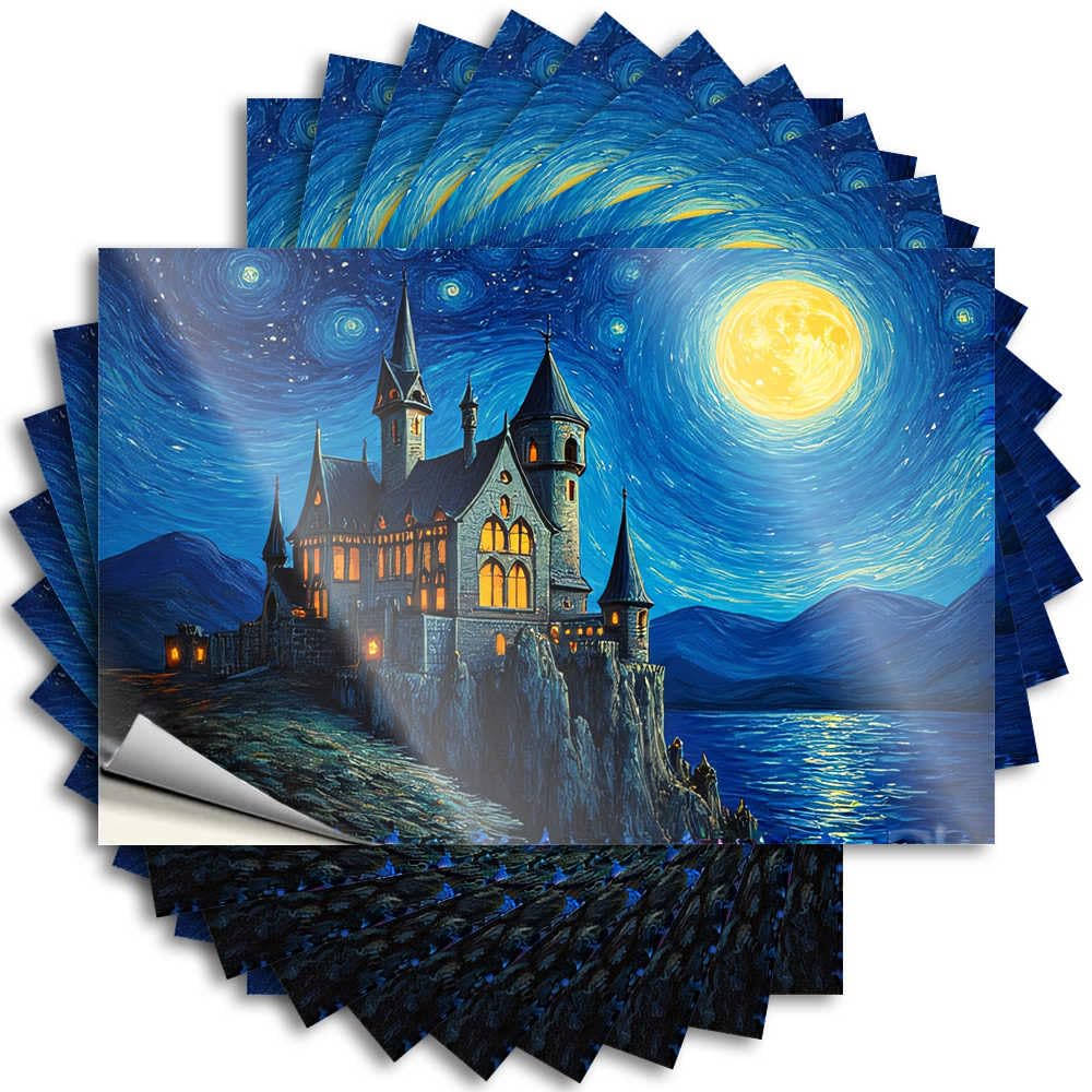 Tattoos Teens Waterproof Vinyl Sticker | Castle By The Lake Under A Starry Night Autumn Hard for Sand DIY Projects(8X12CM)