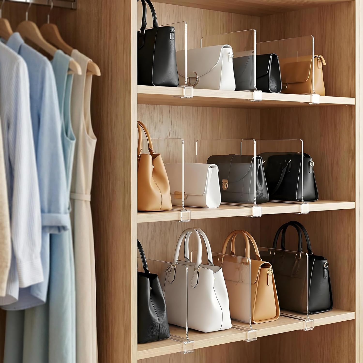 12 Pack Acrylic Shelf Dividers for Closet, 11.8x7.9x1.18 in, Clip on Clear Plastic Shelf Separators for Pantry Wardrobe Bookshelf