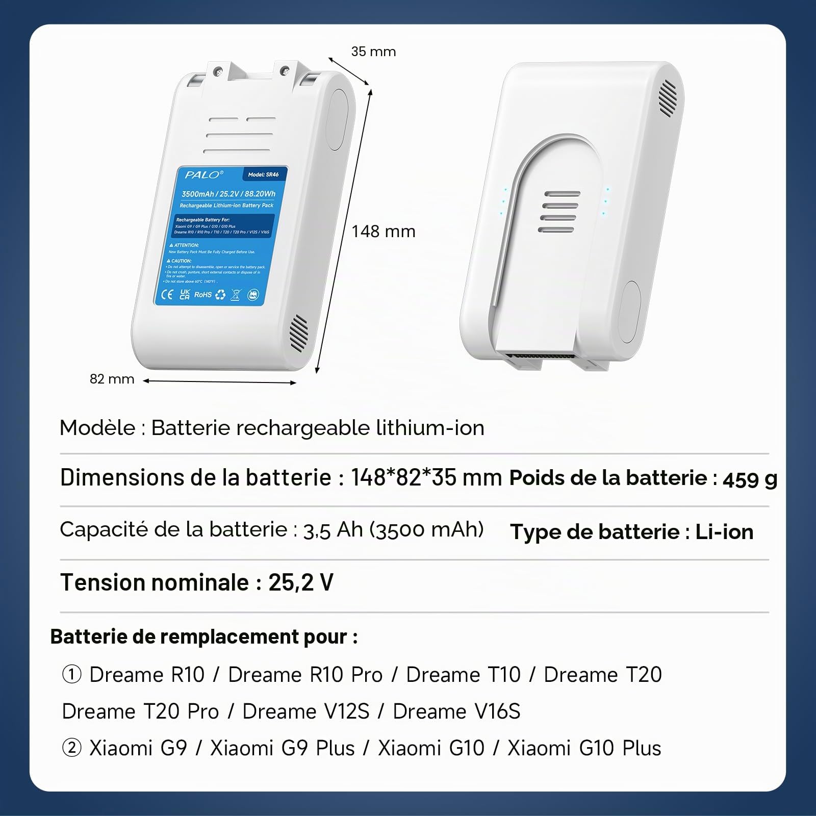 3500mAh Batterie pour Xiaomi G9, G9 Plus, G10, G10 Plus, Dreame R10, R10 Pro, T10, T20, T20 Pro, V12S, V16S Aspirateur (25.2V / 88.2Wh)