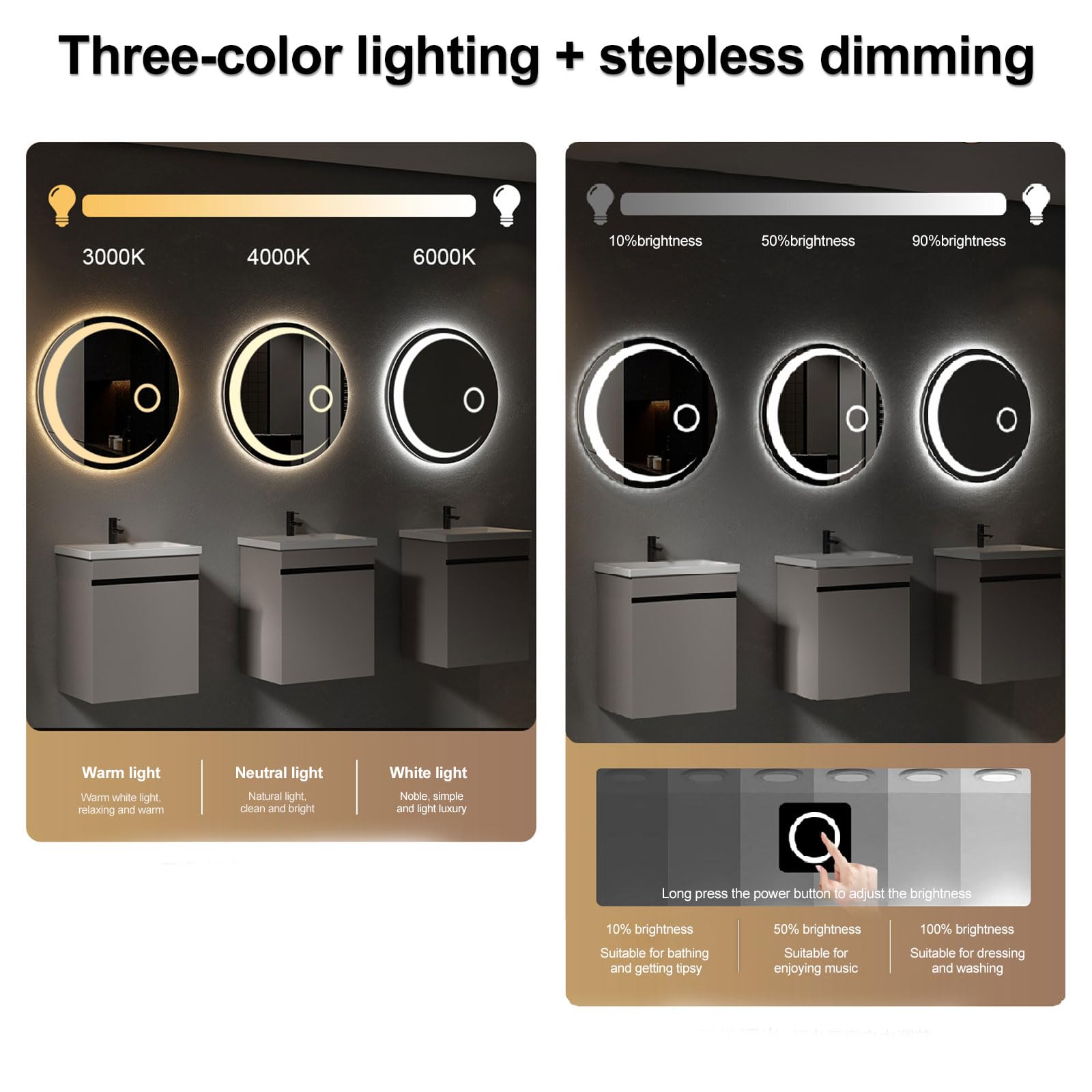 Dimmbarer LED-Badezimmerspiegel, kreisförmig, 27,5 cm, mit Anti-Beschlag-Funktion, 3-farbige Beleuchtung, Smart-Touch-Schalter und Zeitanzeige, perfekt für Schminktisch, Schlafzimmer und