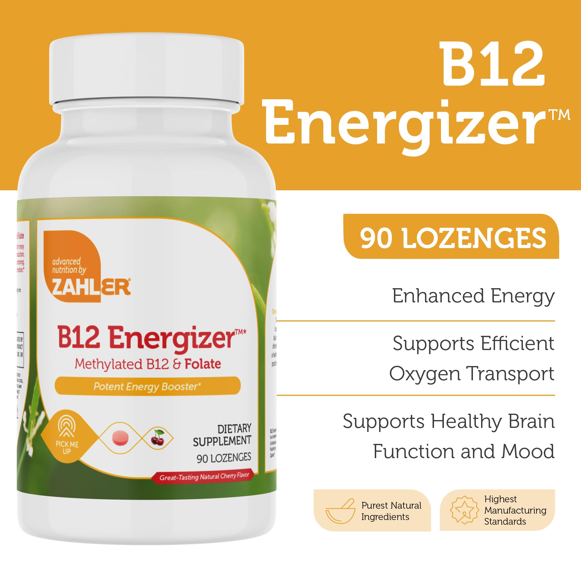 Zahler Energizer - Folate and B12 Supplement - Fast Dissolving Cherry Flavor Lozenges Dual Methylated & Folate with 1360 mcg Folic Acid + 1000 mcg Methyl Vitamin B12 (90 Count) — Amazon image 2