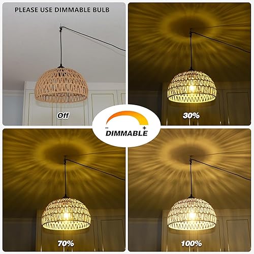 Miniatura 4 de Lámpara colgante enchufable, cable de cuerda de cáñamo de 15 pies, luces colgantes con cable de enchufe, interruptor regulable, lámpara colgante de