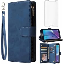 Asuwish Compatible with Samsung Galaxy Note 5 Wallet Case Tempered Glass Screen Protector and Flip Cover Card Holder Cell Accessories Phone Cases for Glaxay Note5 Gaxaly Notes 5s Five Women Men Blue