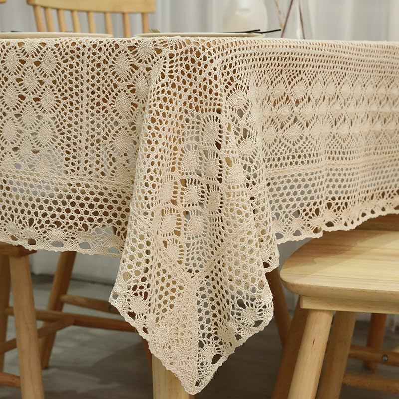 Nappe en dentelle beige au crochet de 90 à 400 cm en coton et lin rectangulaire vintage